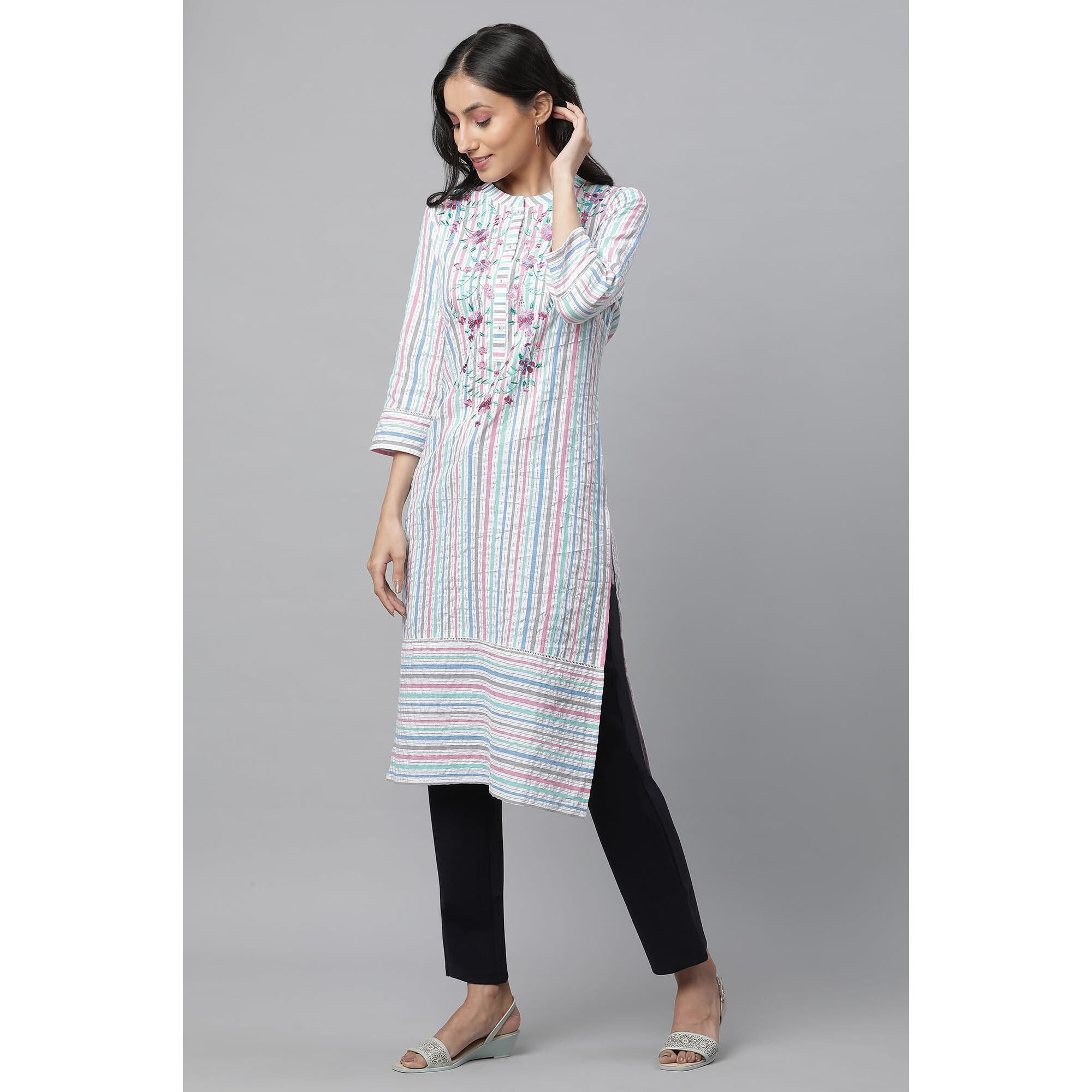 Aurelia Multi Striped Thread Embroidered Cotton Regular Kurta For Women
