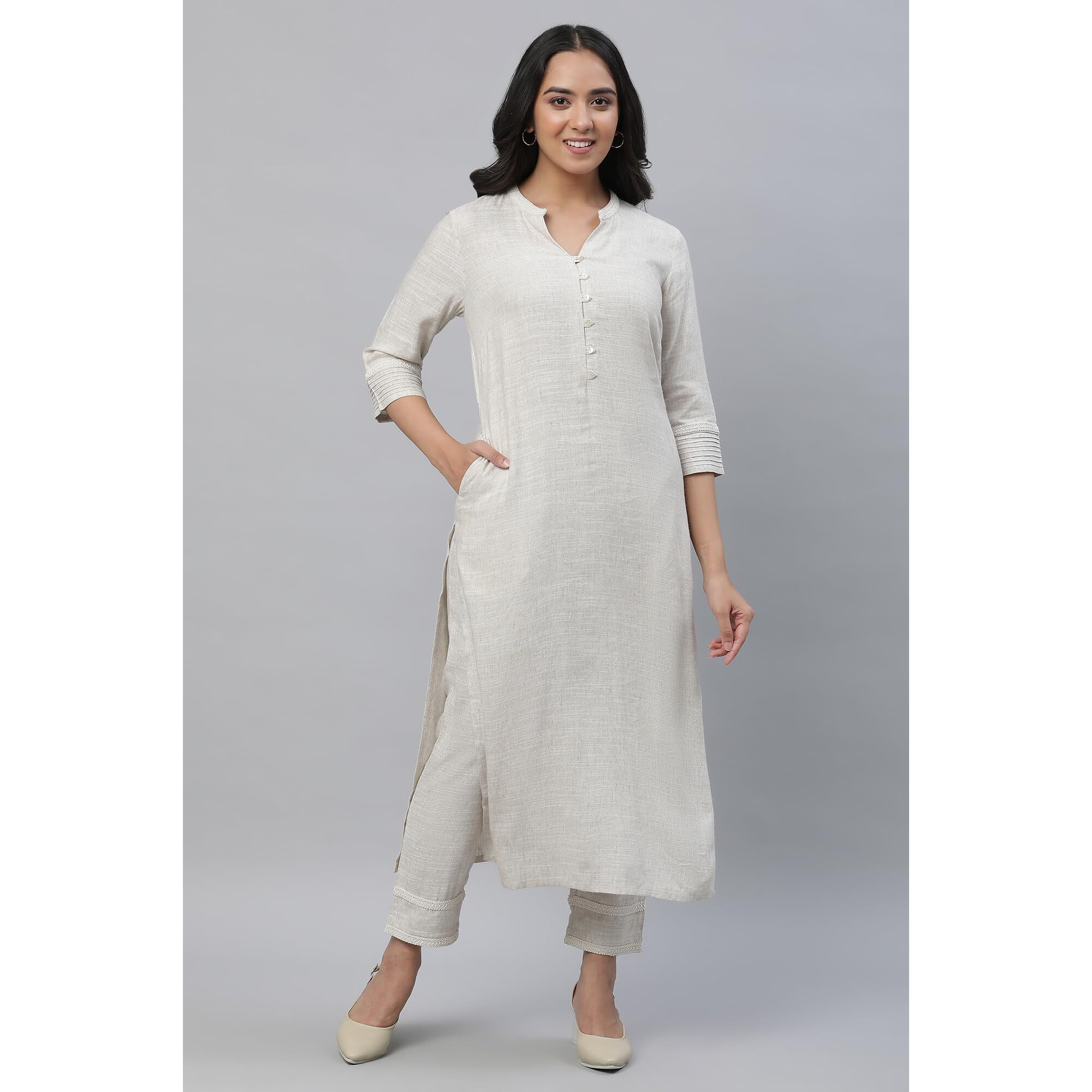 Aurelia Solid Beige Blend Kurta And Trousers Set