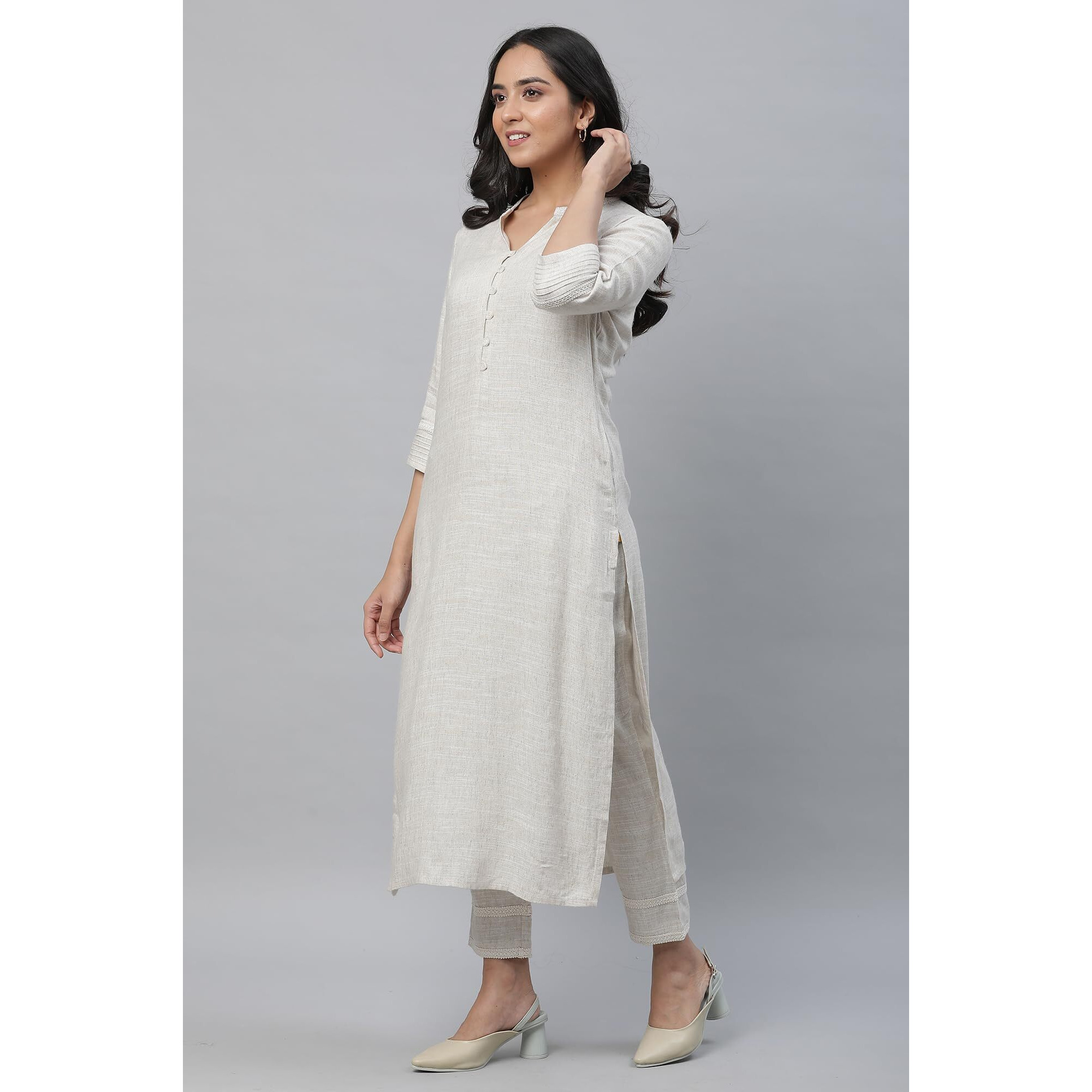 Aurelia Solid Beige Blend Kurta And Trousers Set