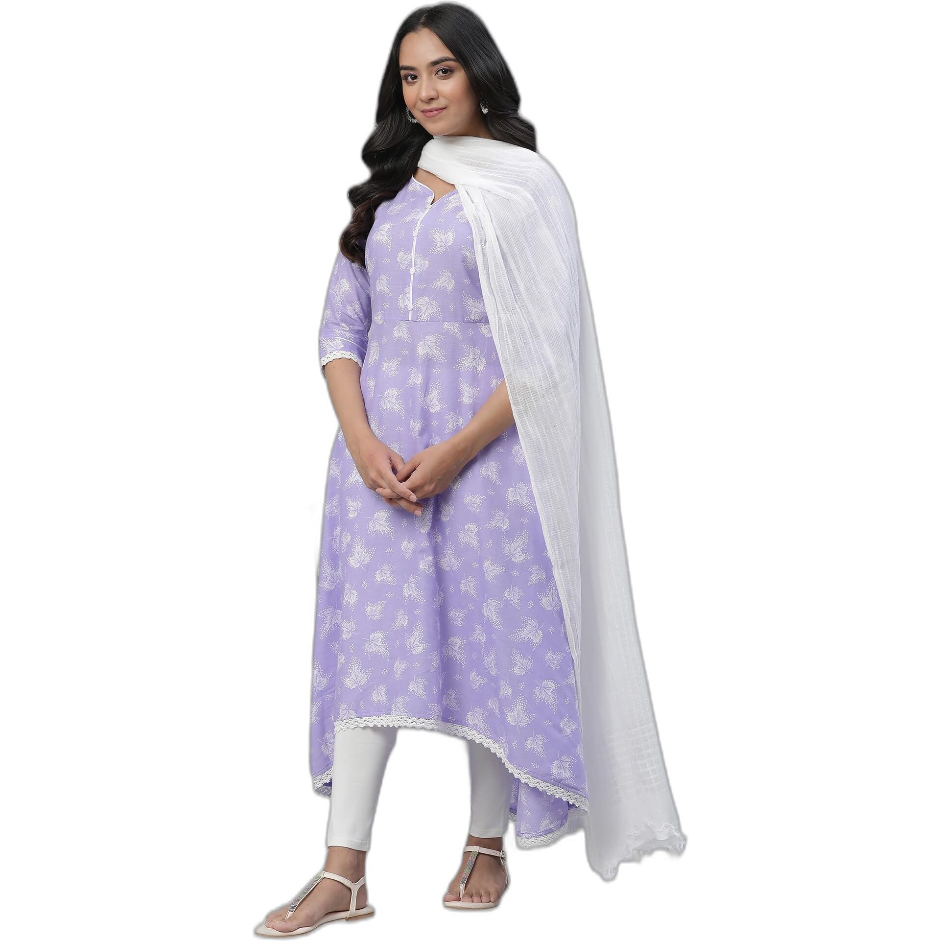 Aurelia Purple Leaf Print Cotton Regular Kurta