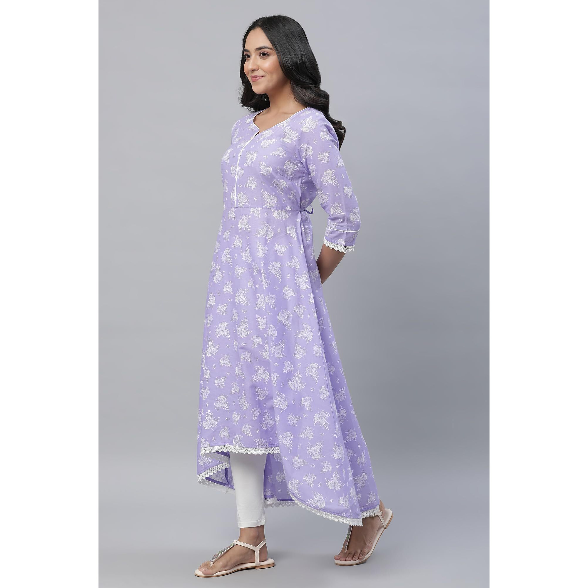 Aurelia Purple Leaf Print Cotton Regular Kurta