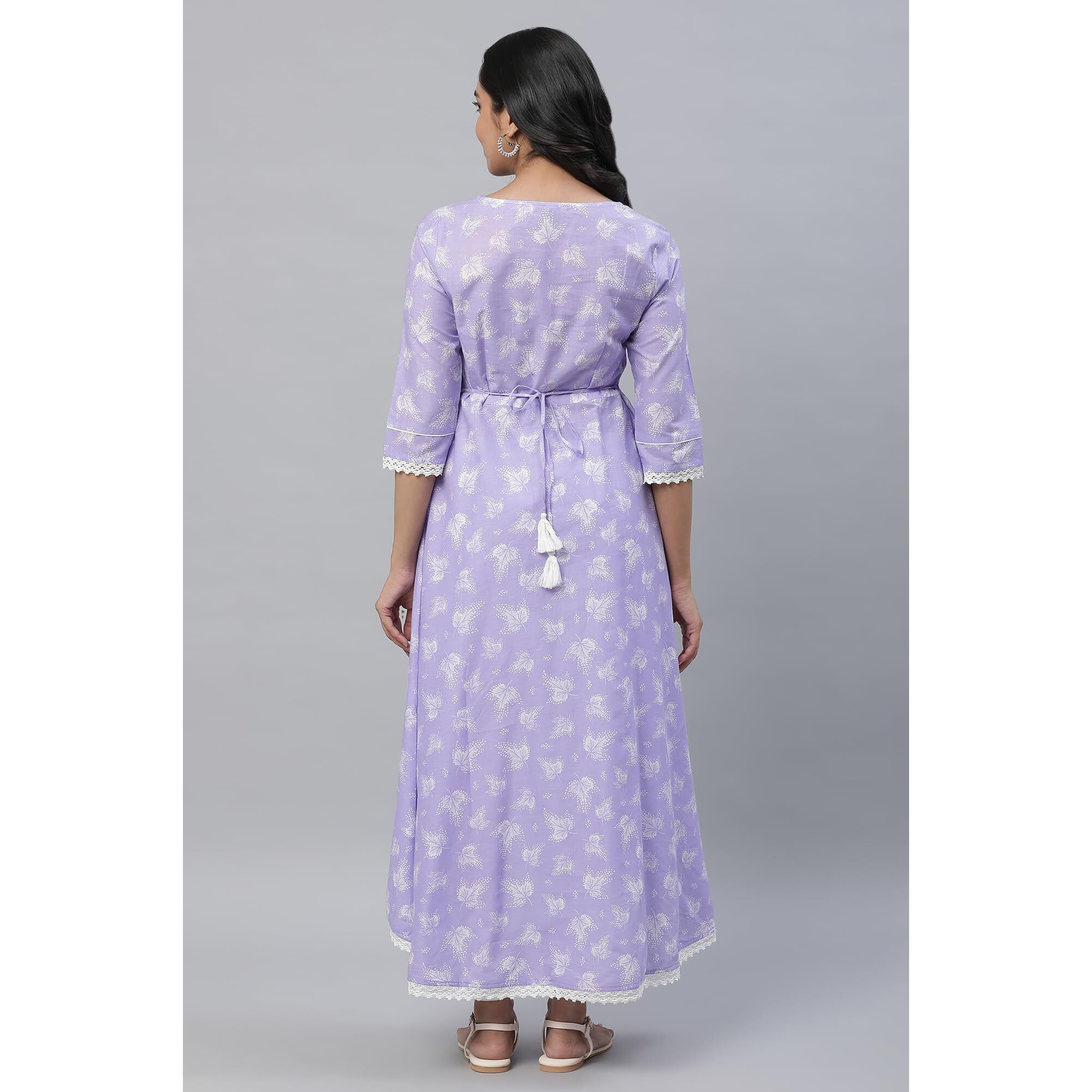 Aurelia Purple Leaf Print Cotton Regular Kurta