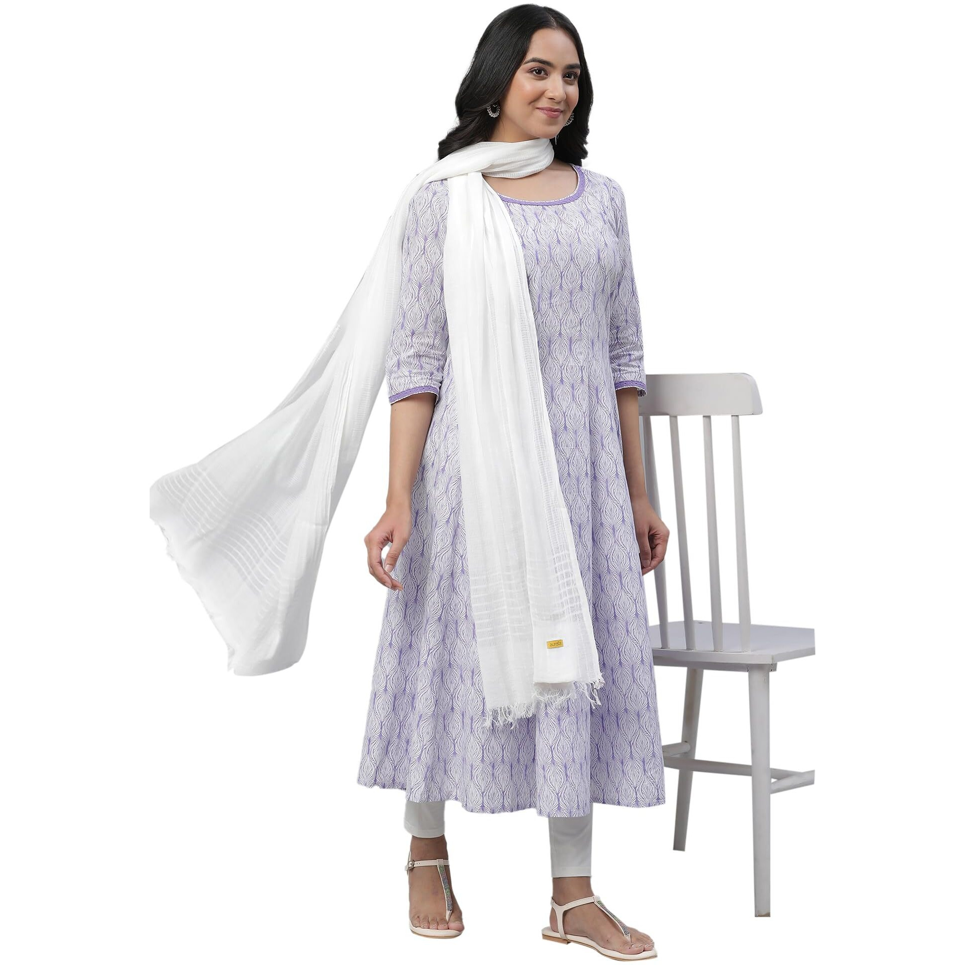 Aurelia Purple Leaf Print Cotton Anarkali Kurta For Women
