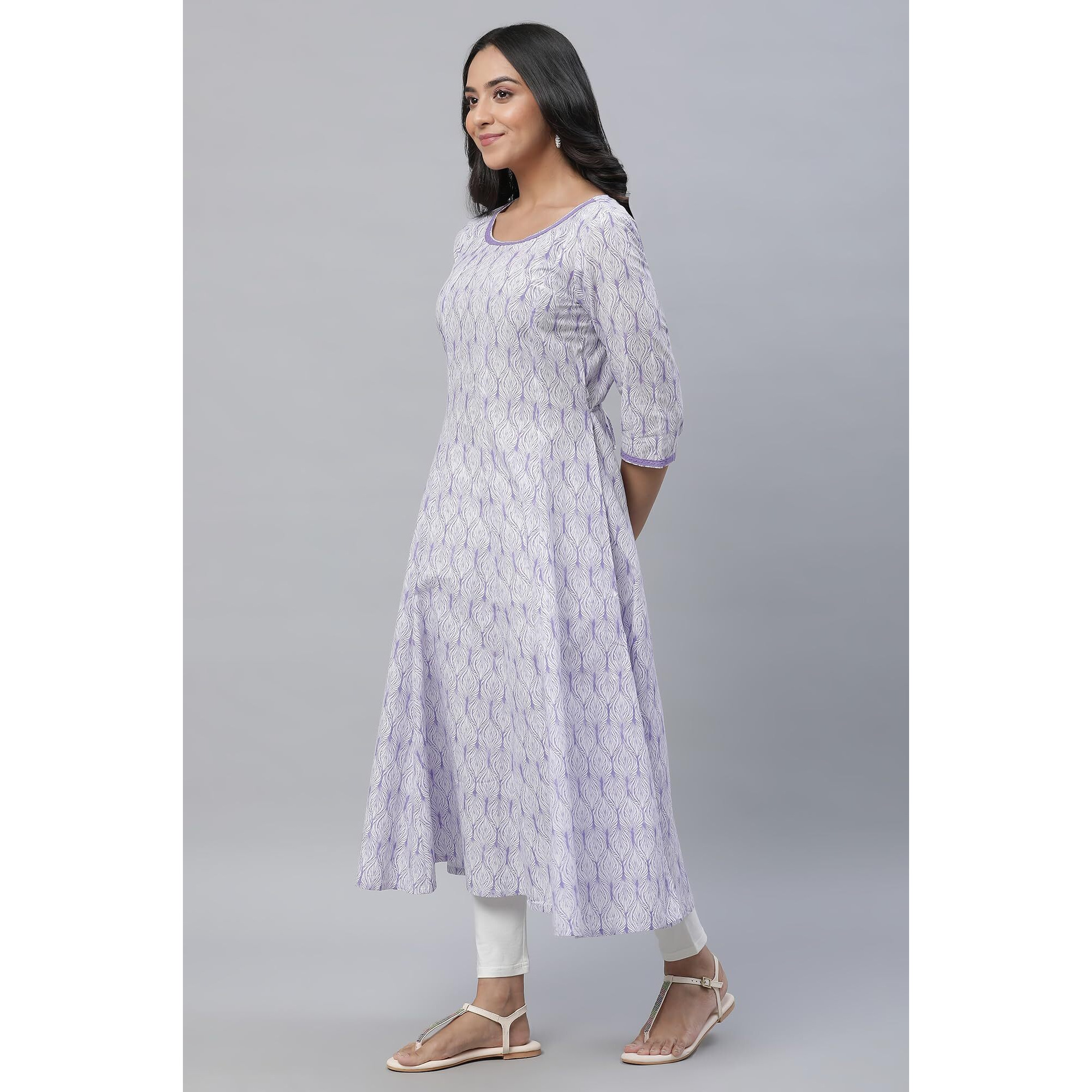 Aurelia Purple Leaf Print Cotton Anarkali Kurta For Women