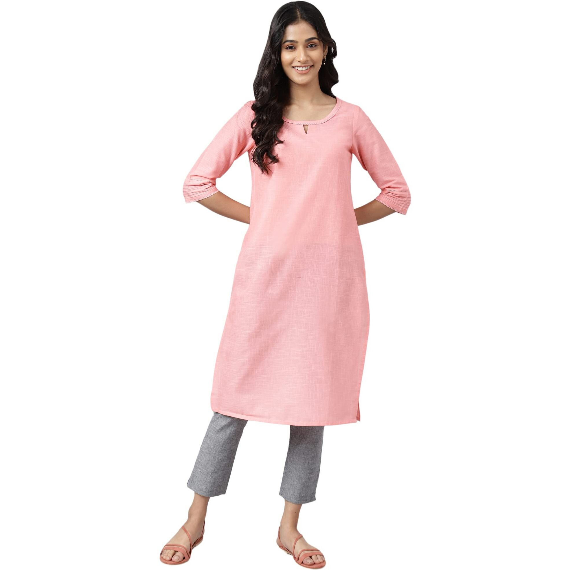 Pink Rayon Kurta With Lace Detail