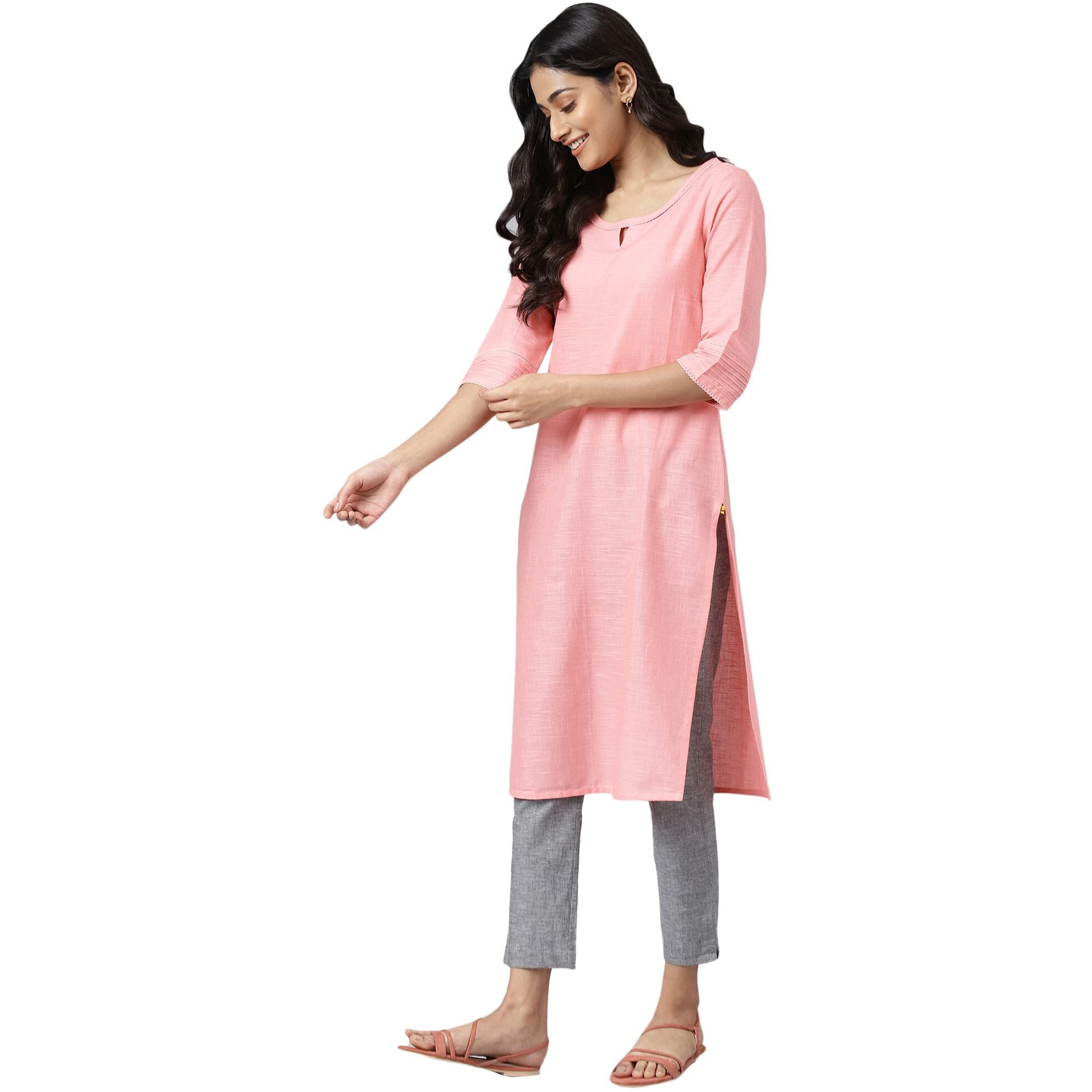 Pink Rayon Kurta With Lace Detail