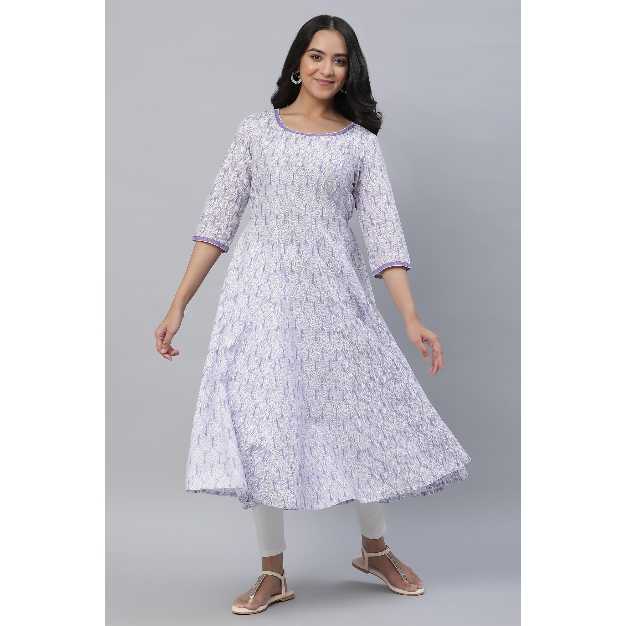 Aurelia Purple Leaf Print Cotton Anarkali Kurta For Women