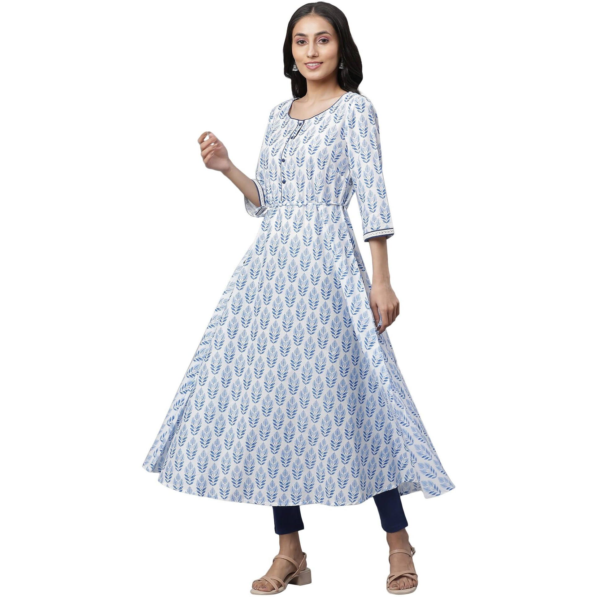 Aurelia White Leaf Print Cotton Anarkali Kurta For Women