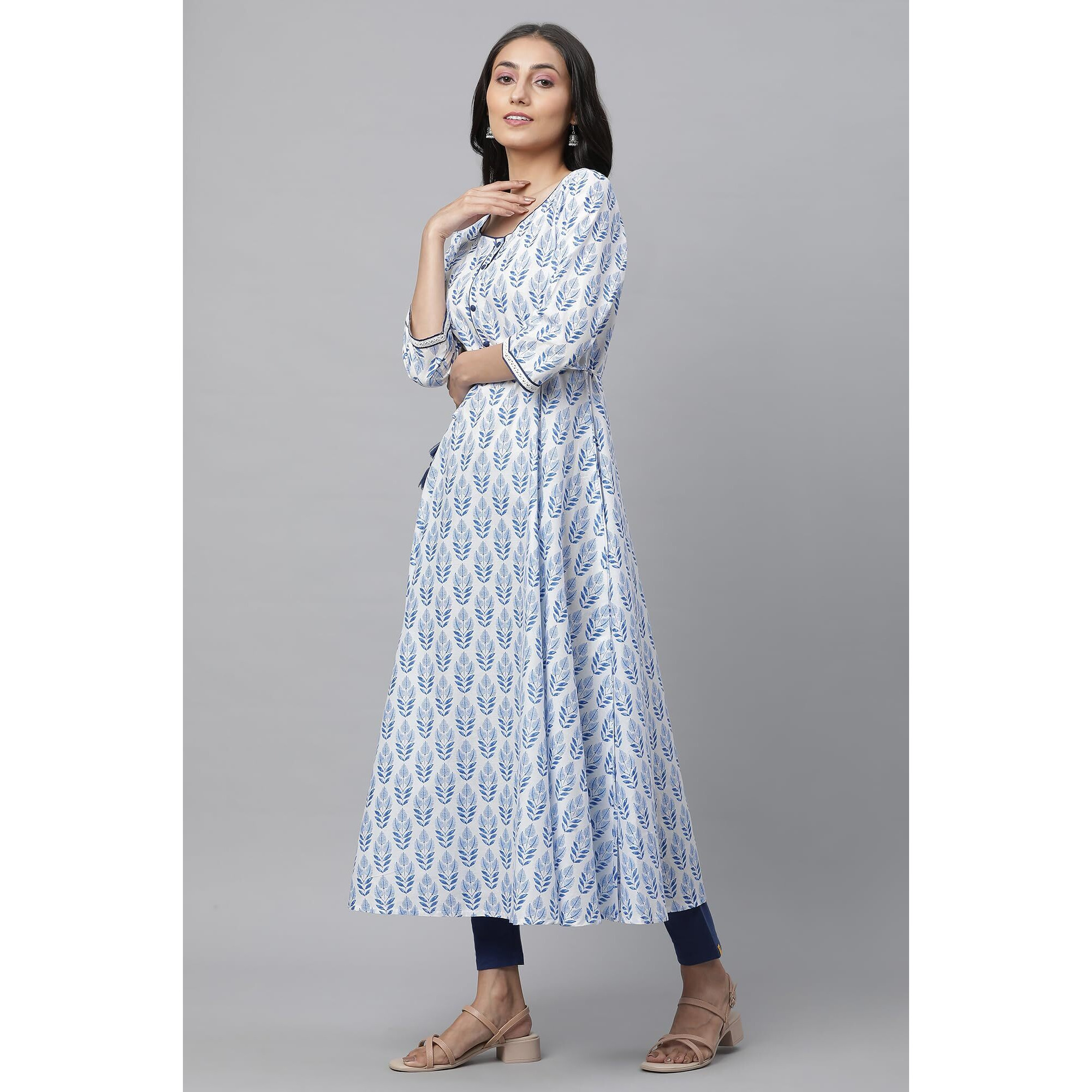 Aurelia White Leaf Print Cotton Anarkali Kurta For Women