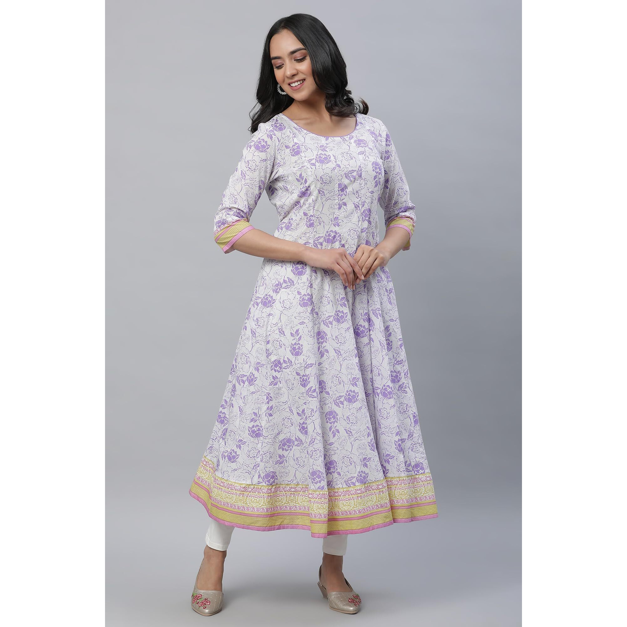 Aurelia White Cotton Floral Printed Printed Anarkali Kurta For Women