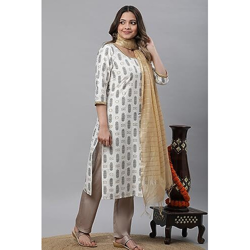 Aurelia Women's Pear White Geometric Print Viscose Straight Kurta_23Aua14456-505261_M