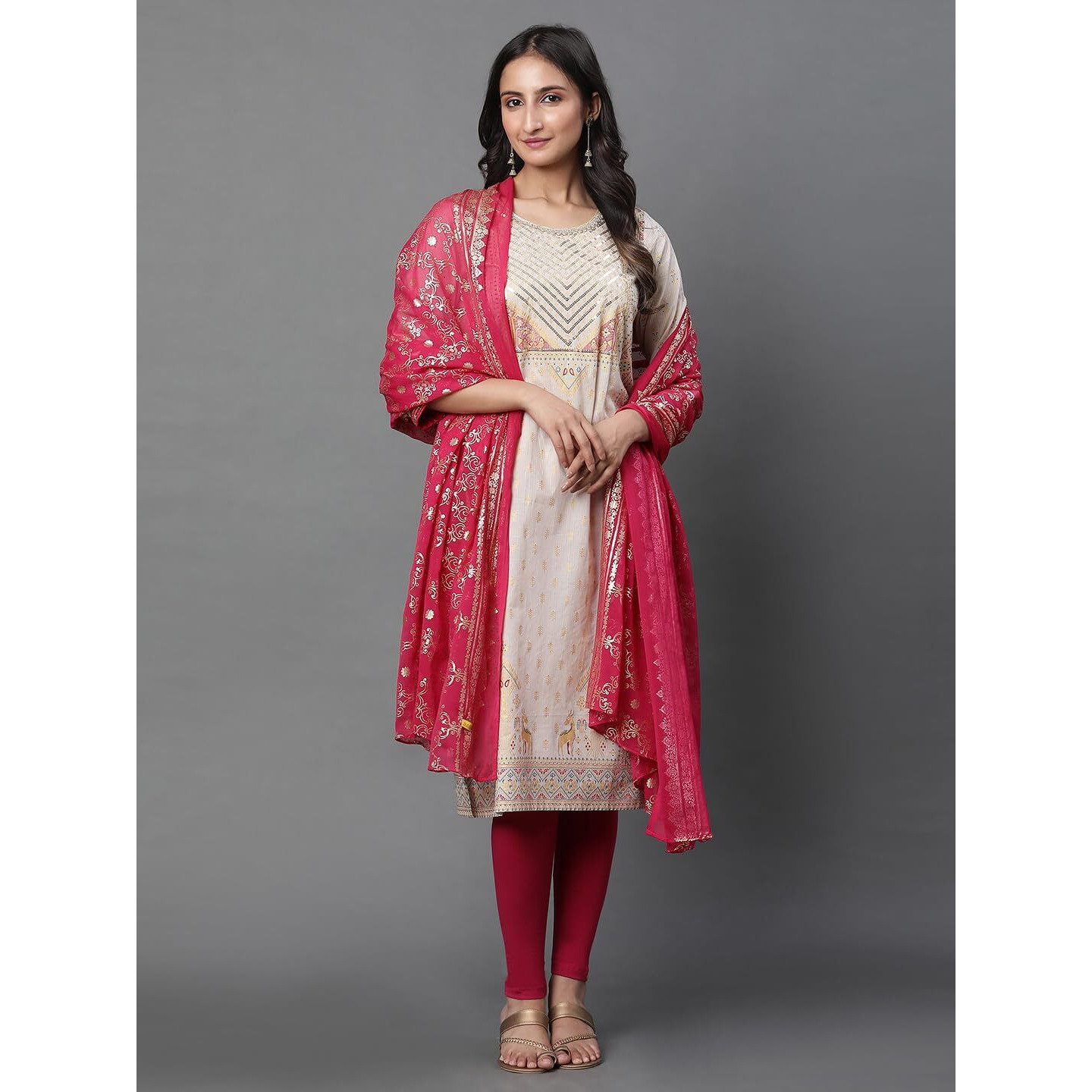 Aurelia Women Raspberry Pink Floral Printed Silver Chiffon Dupatta