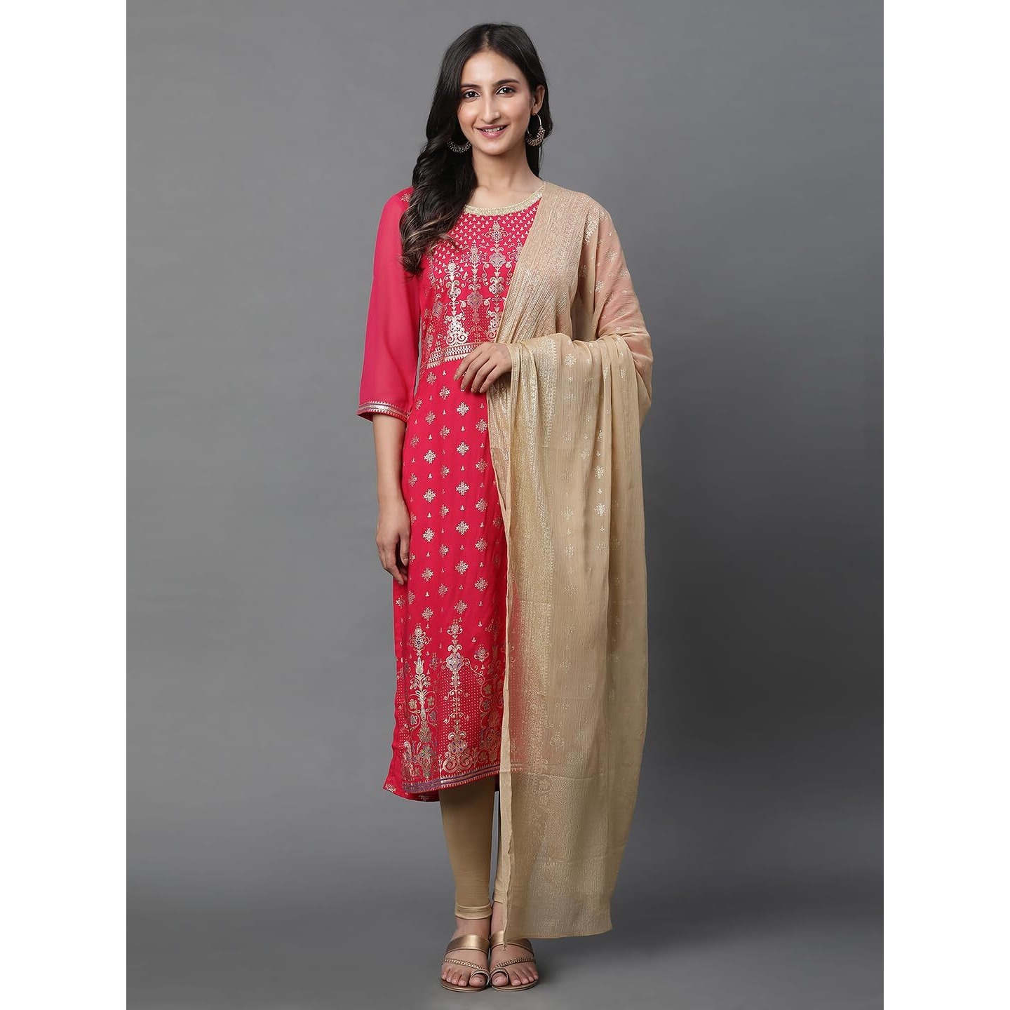 Aurelia Women Gold Floral Printed Silver Chiffon Dupatta