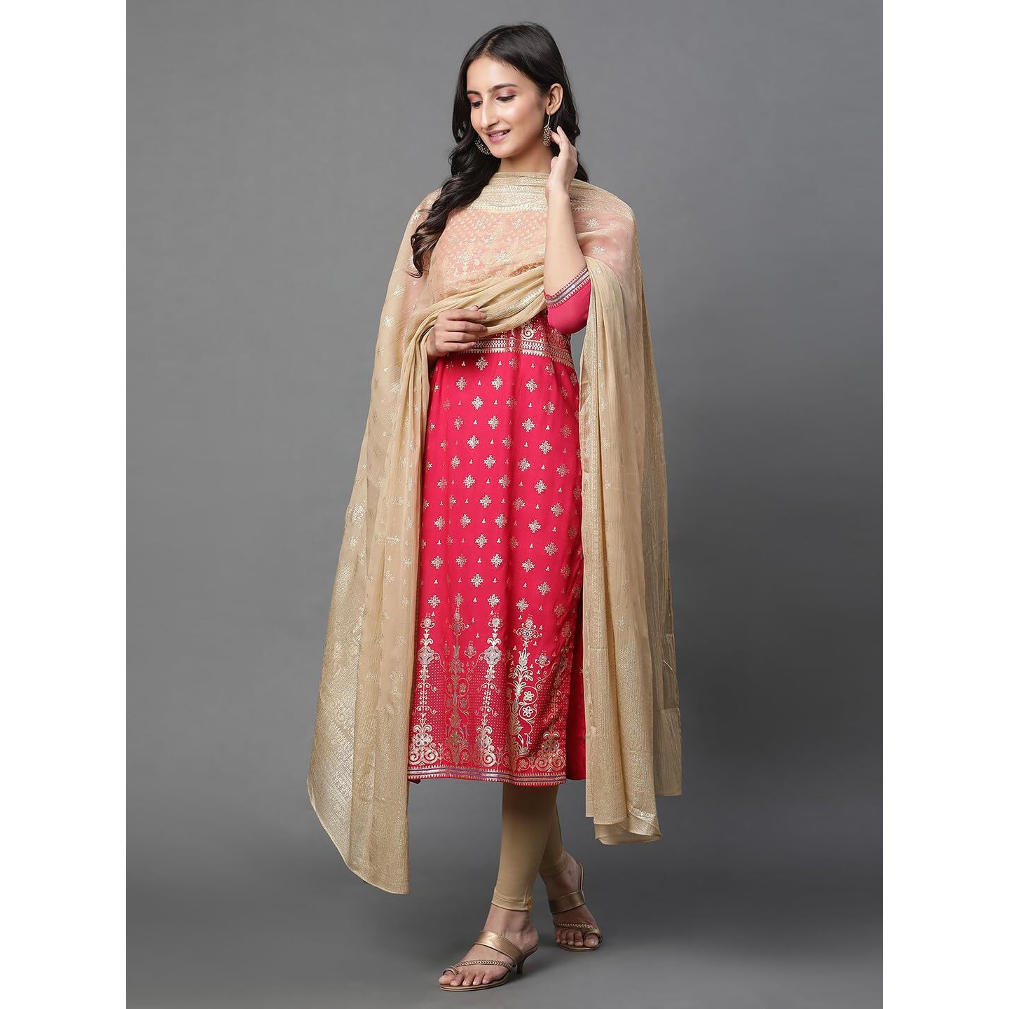 Aurelia Women Gold Floral Printed Silver Chiffon Dupatta