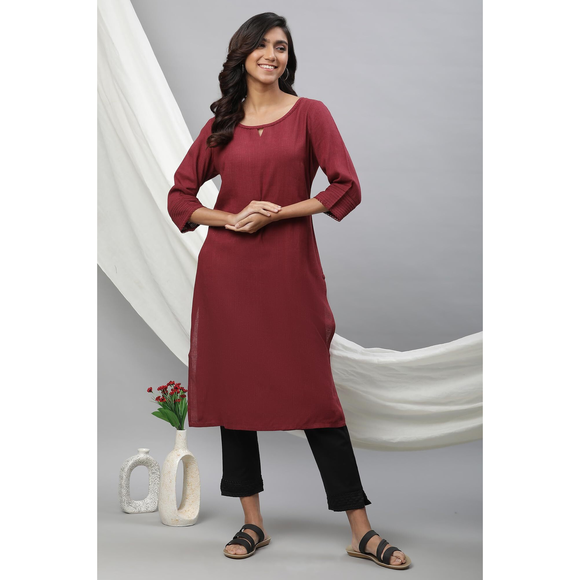 Aurelia Women's Maroon Yarn Dyed Rayon Flax Kurta_23Aua12231-703672_M