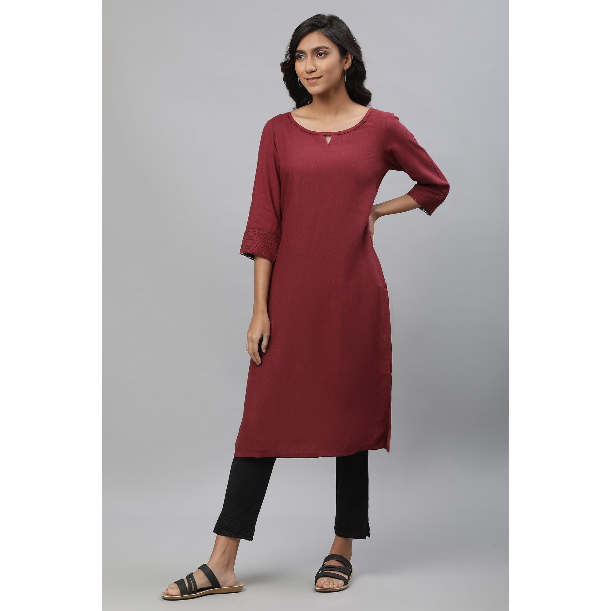 Aurelia Women's Maroon Yarn Dyed Rayon Flax Kurta_23Aua12231-703672_M