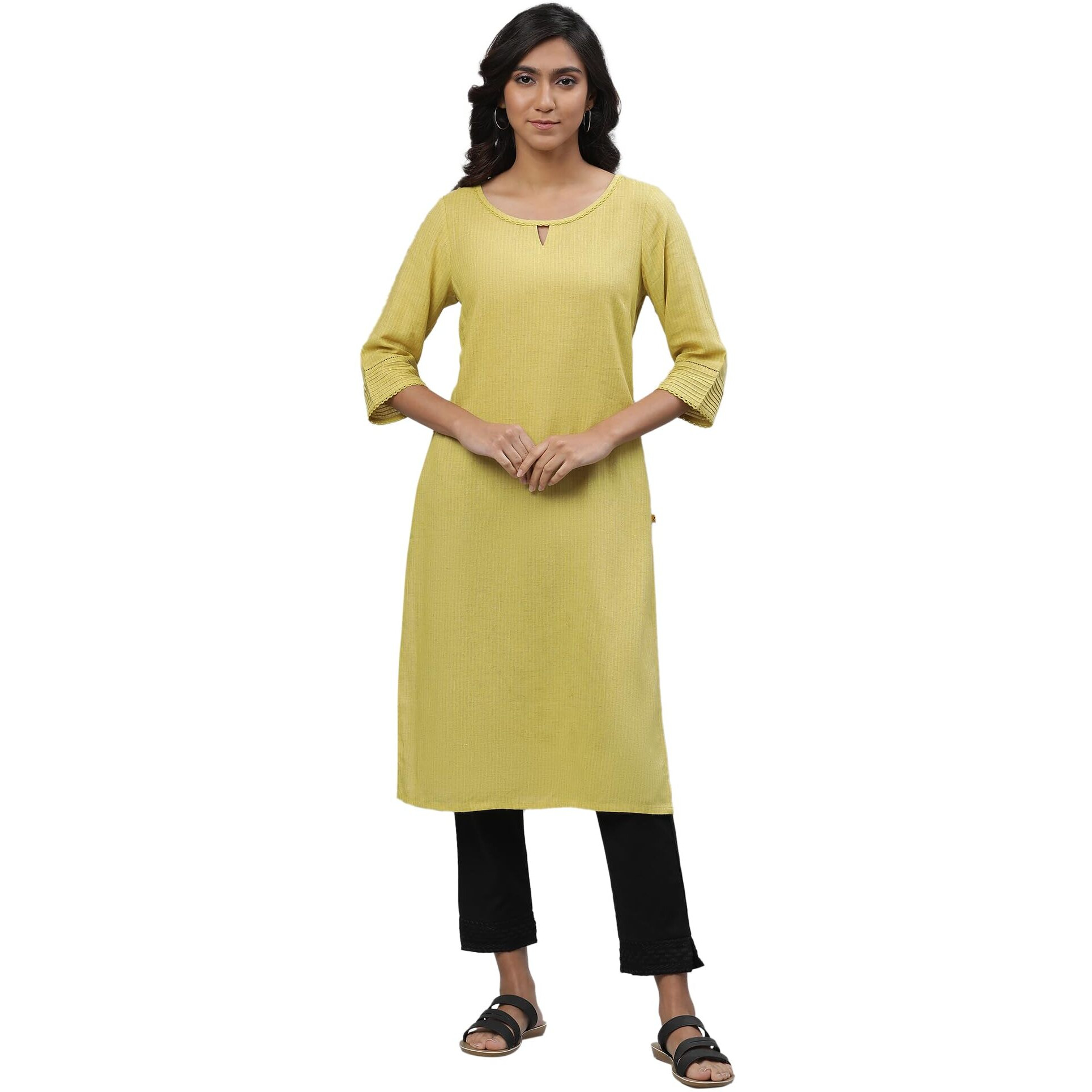 Aurelia Women's Lemon Celery Yarn Dyed Rayon Flax Kurta_23Aua12231-703434_M