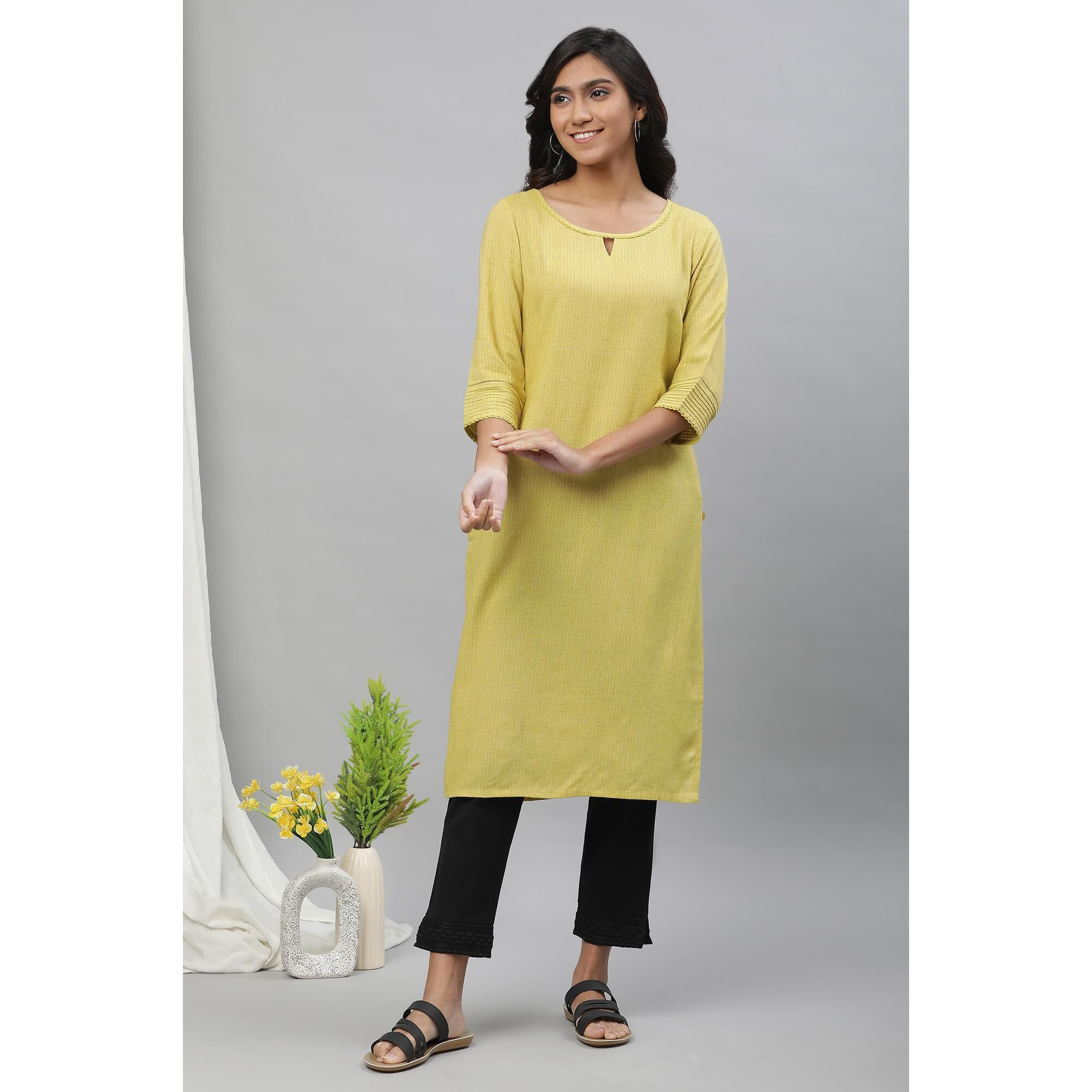 Aurelia Women's Lemon Celery Yarn Dyed Rayon Flax Kurta_23Aua12231-703434_M