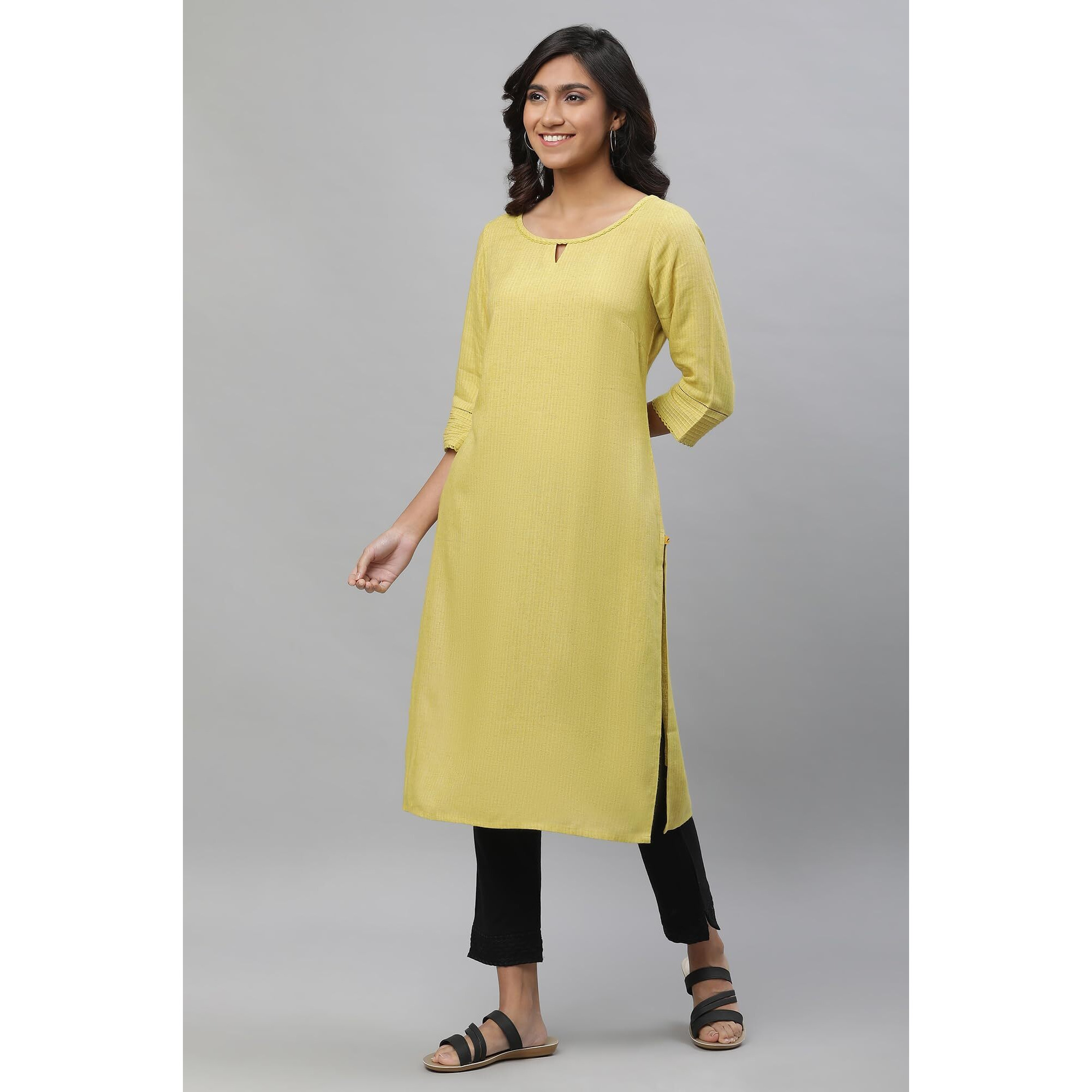 Aurelia Women's Lemon Celery Yarn Dyed Rayon Flax Kurta_23Aua12231-703434_M