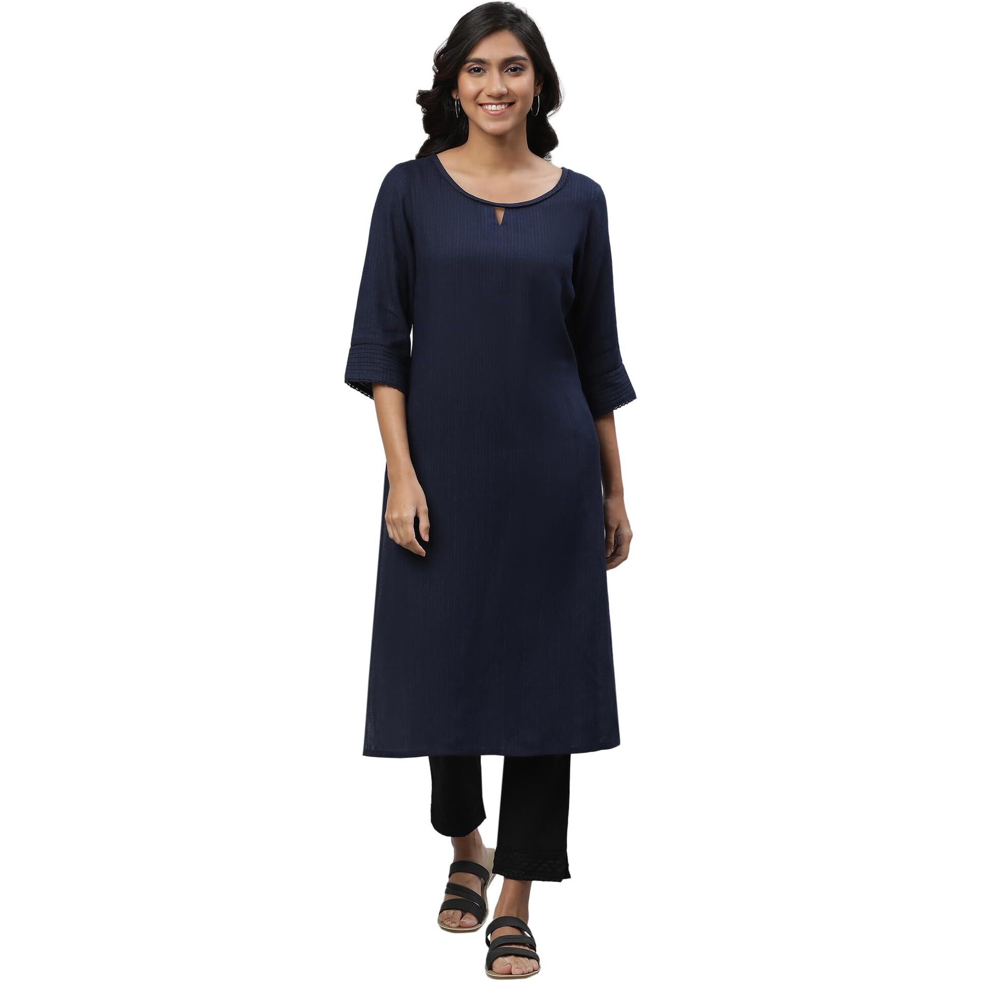 Aurelia Women's Dark Navy Yarn Dyed Rayon Flax Kurta_23Aua12231-703476_L