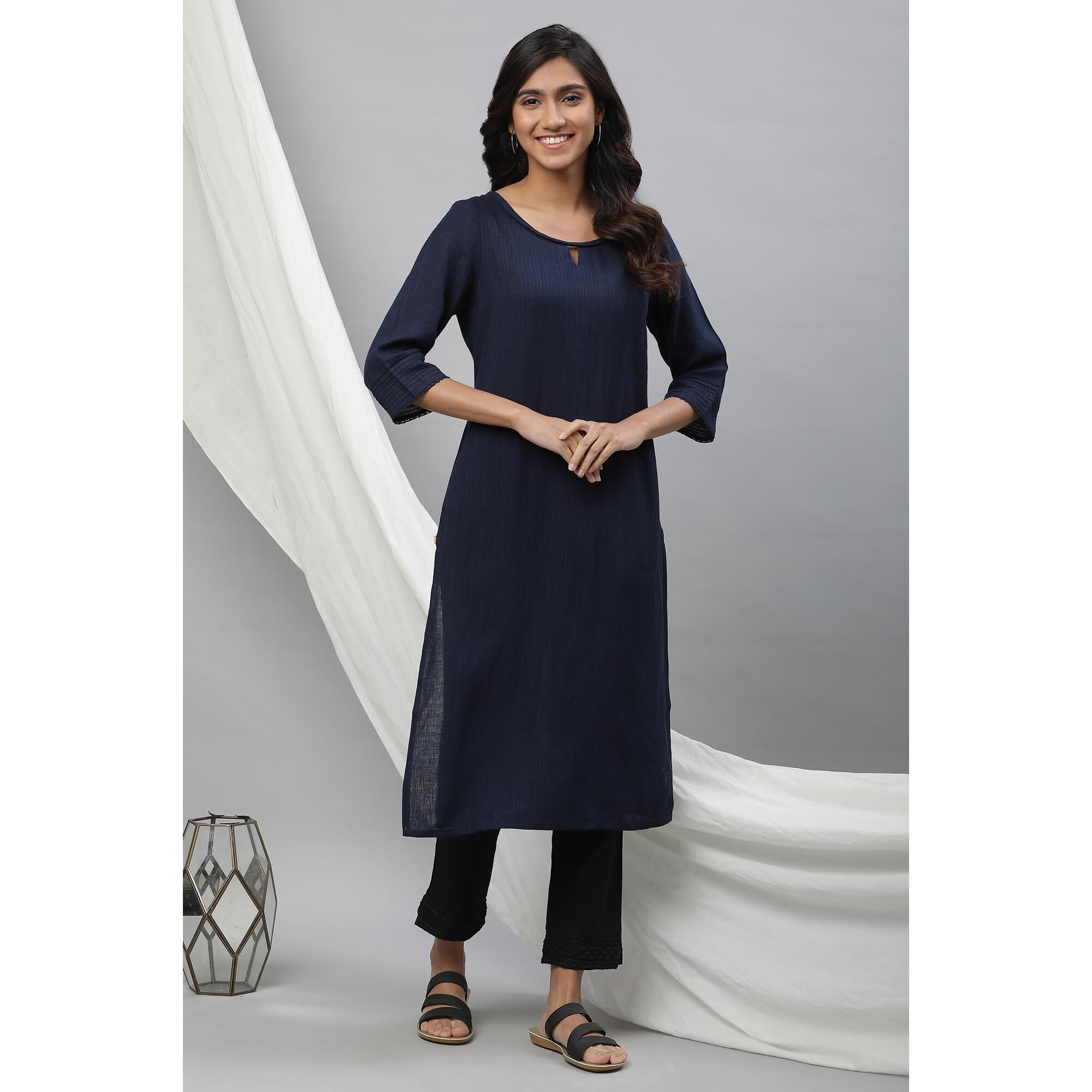 Aurelia Women's Dark Navy Yarn Dyed Rayon Flax Kurta_23Aua12231-703476_L