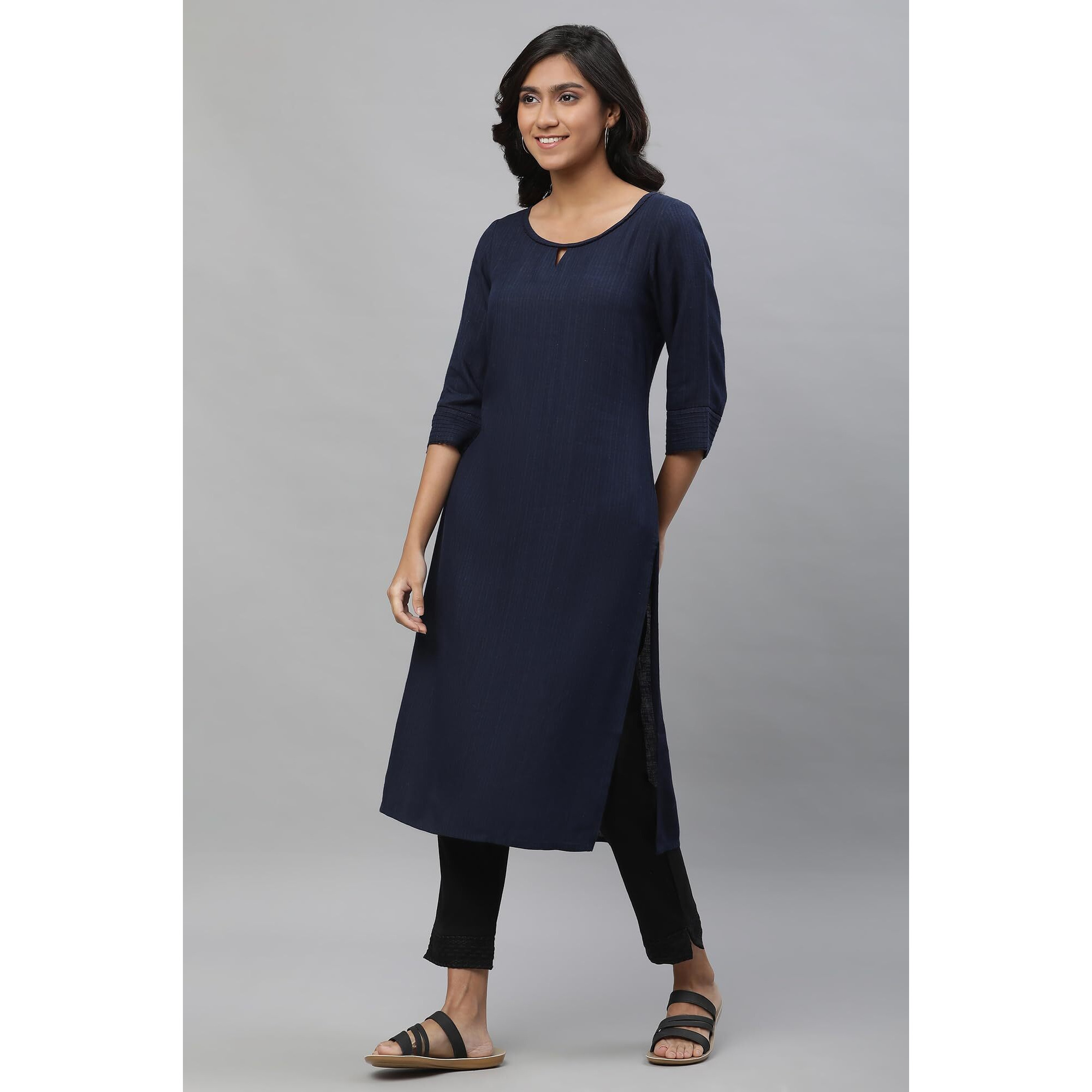Aurelia Women's Dark Navy Yarn Dyed Rayon Flax Kurta_23Aua12231-703476_L