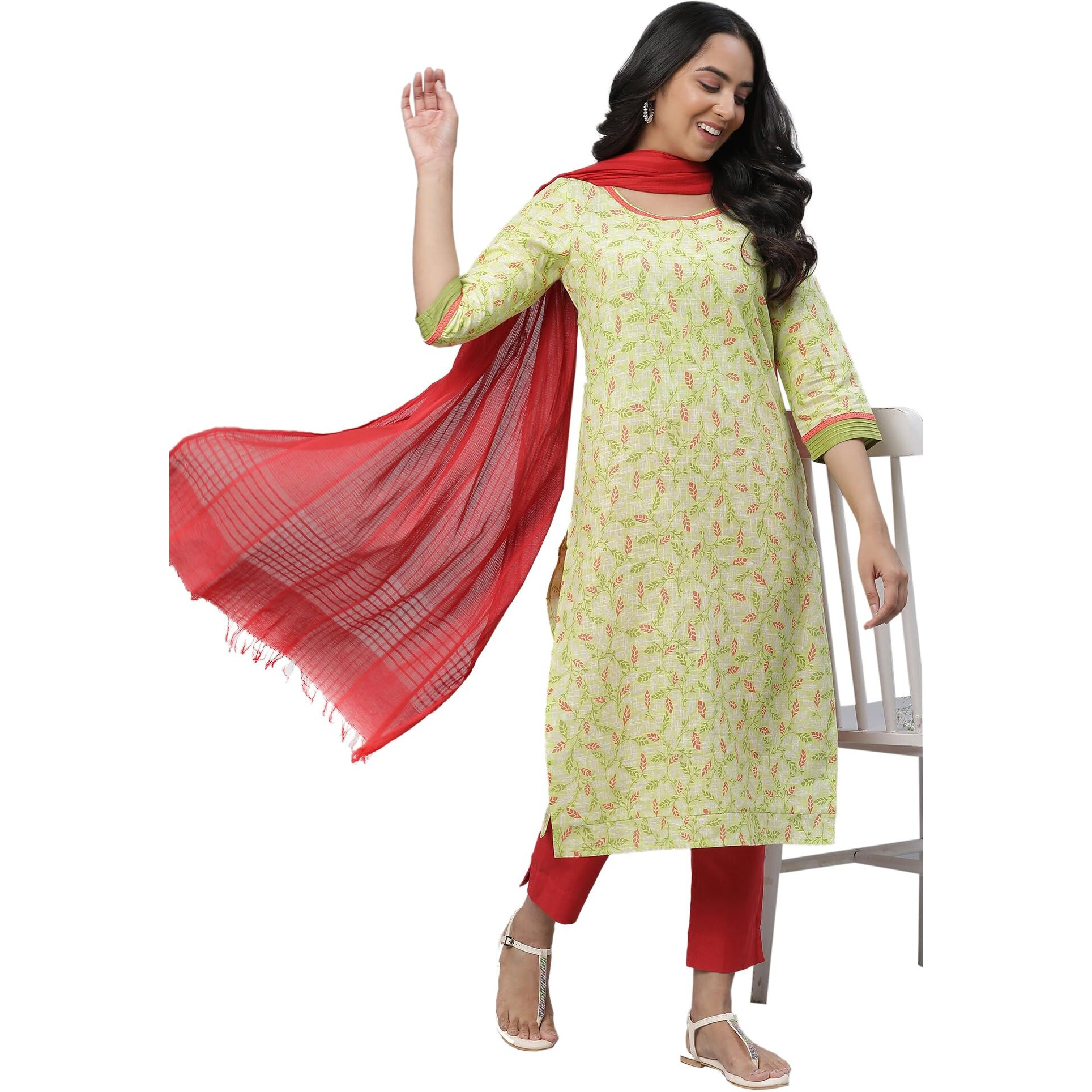 Aurelia Green Leaf Print Cotton Regular Kurta For Women