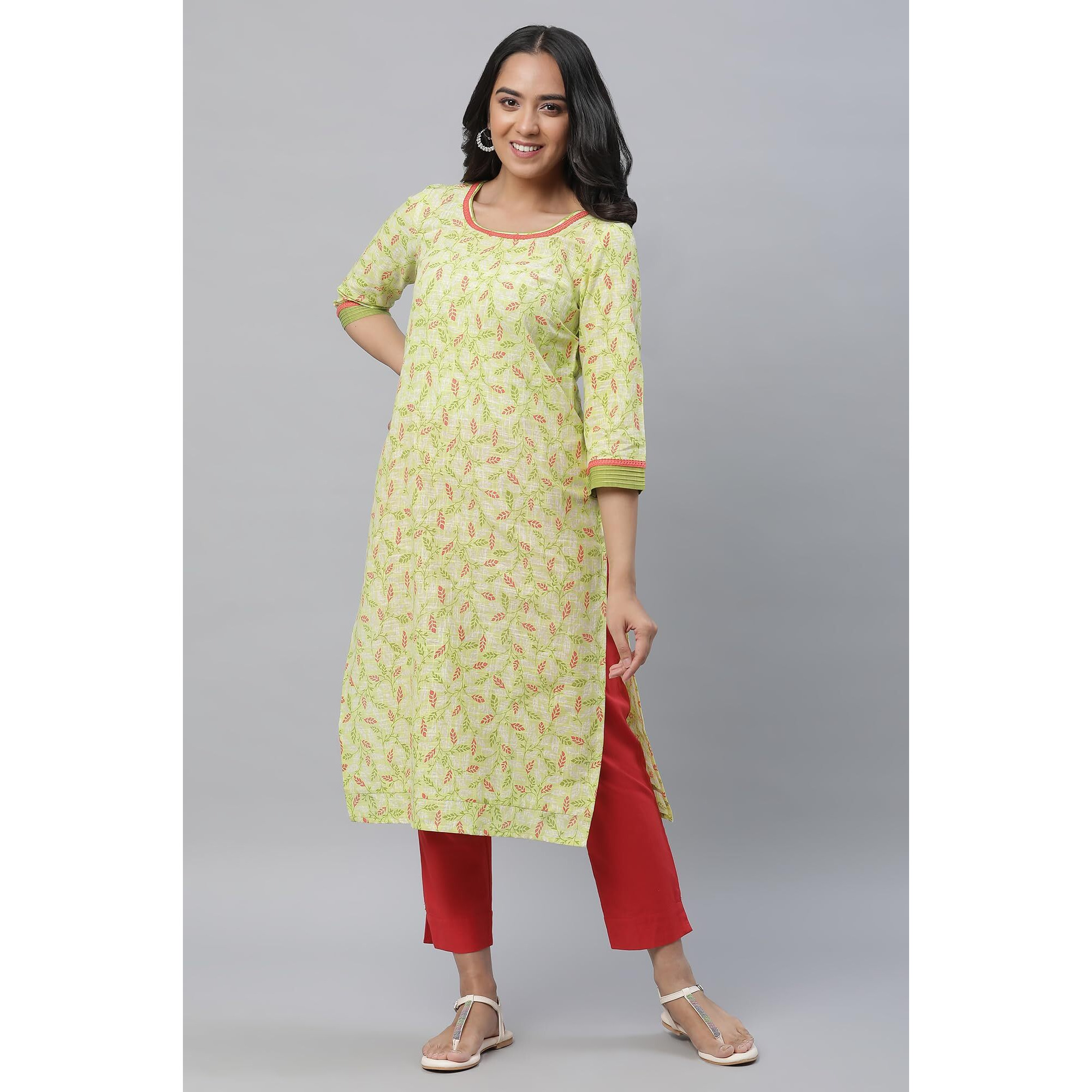 Aurelia Green Leaf Print Cotton Regular Kurta For Women