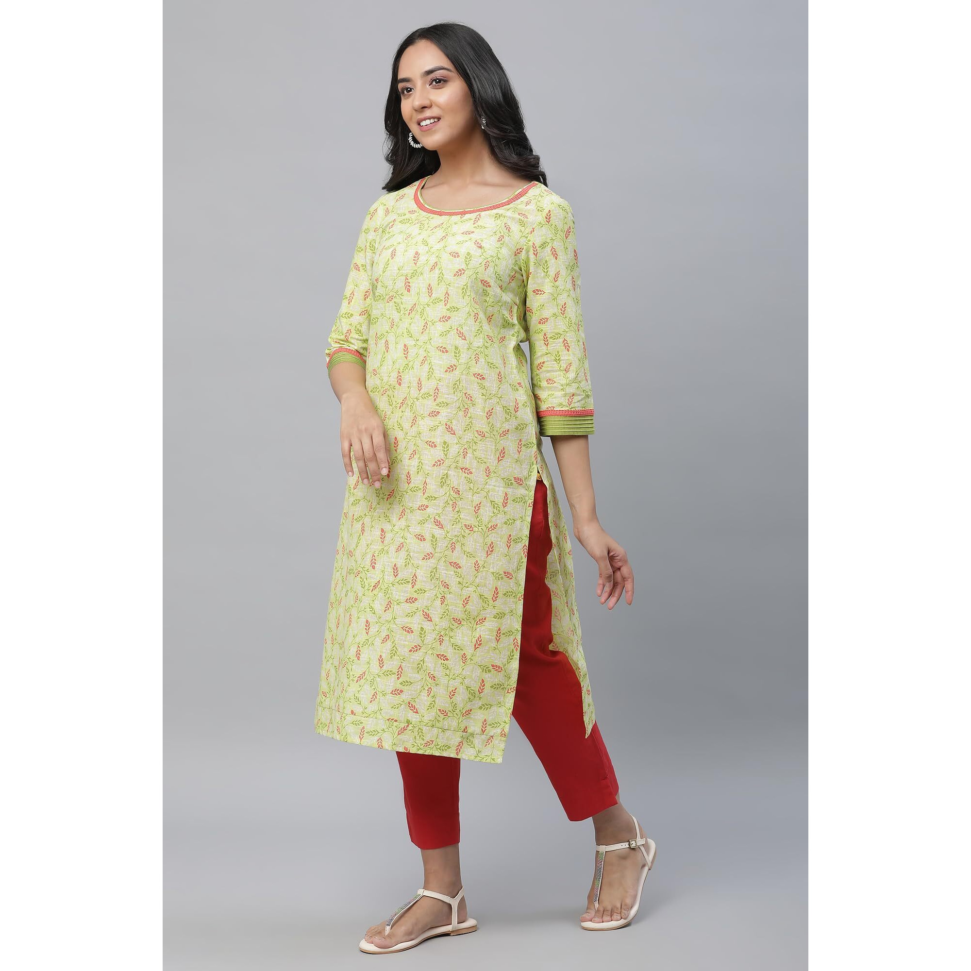 Aurelia Green Leaf Print Cotton Regular Kurta For Women