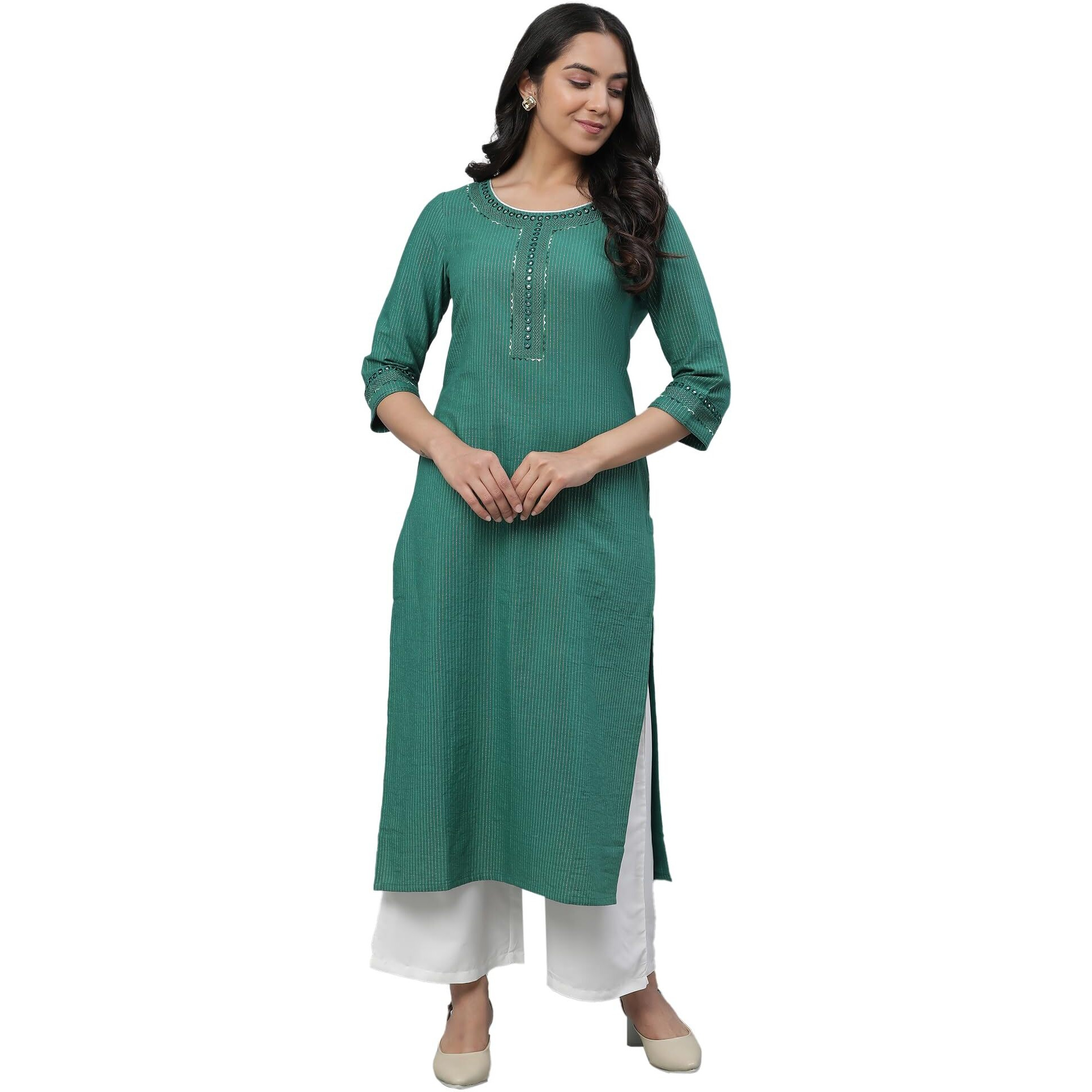 Aurelia Green Thread Embroidered Cotton Striped Regular Kurta For Women