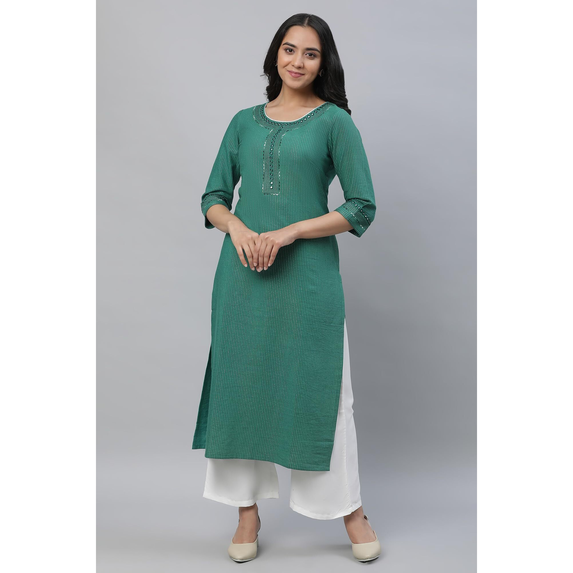 Aurelia Green Thread Embroidered Cotton Striped Regular Kurta For Women