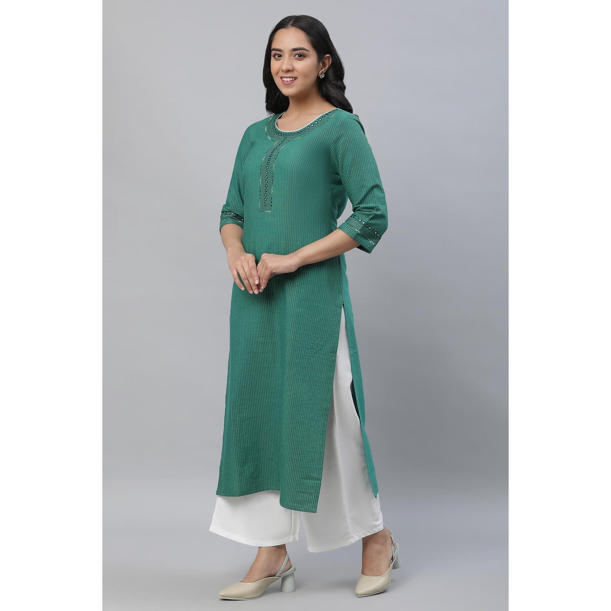 Aurelia Green Thread Embroidered Cotton Striped Regular Kurta For Women
