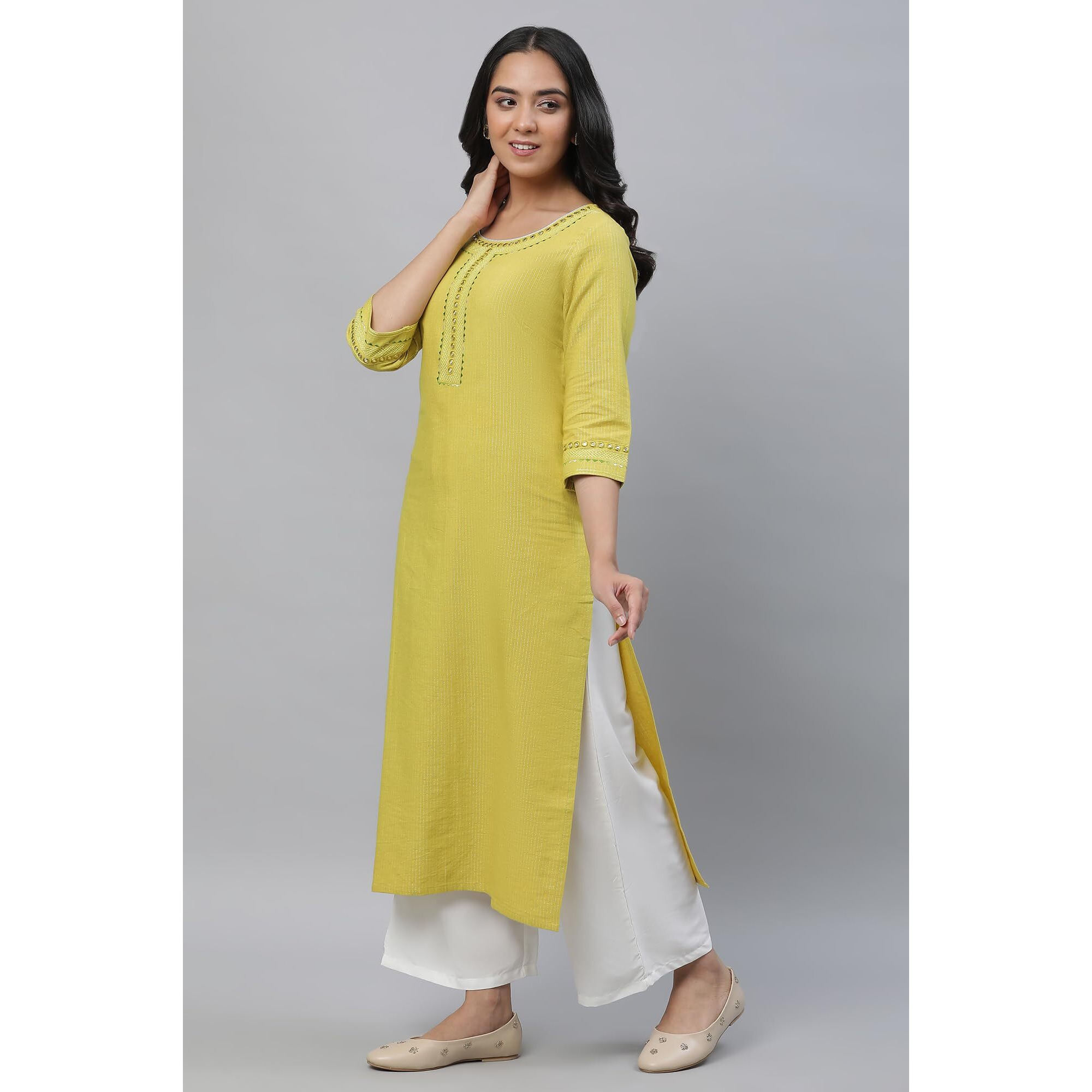 Aurelia Women's Warm Olive Stripes Yarn Dyed Yarn Dyed Lurex Straight Kurta_23Aua14423-704529_M