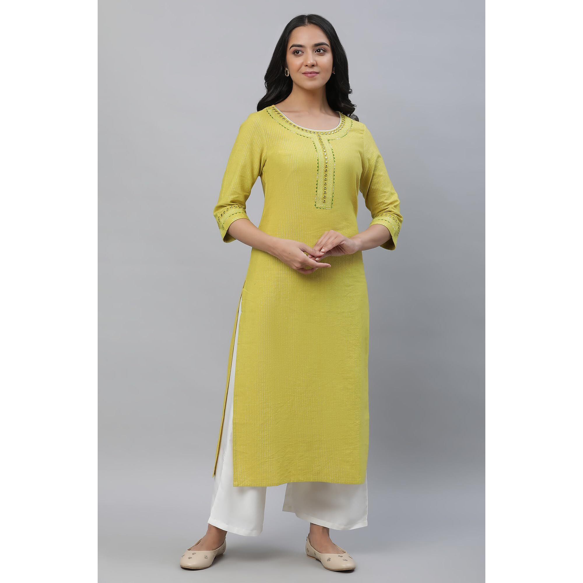Aurelia Women's Warm Olive Stripes Yarn Dyed Yarn Dyed Lurex Straight Kurta_23Aua14423-704529_Xs