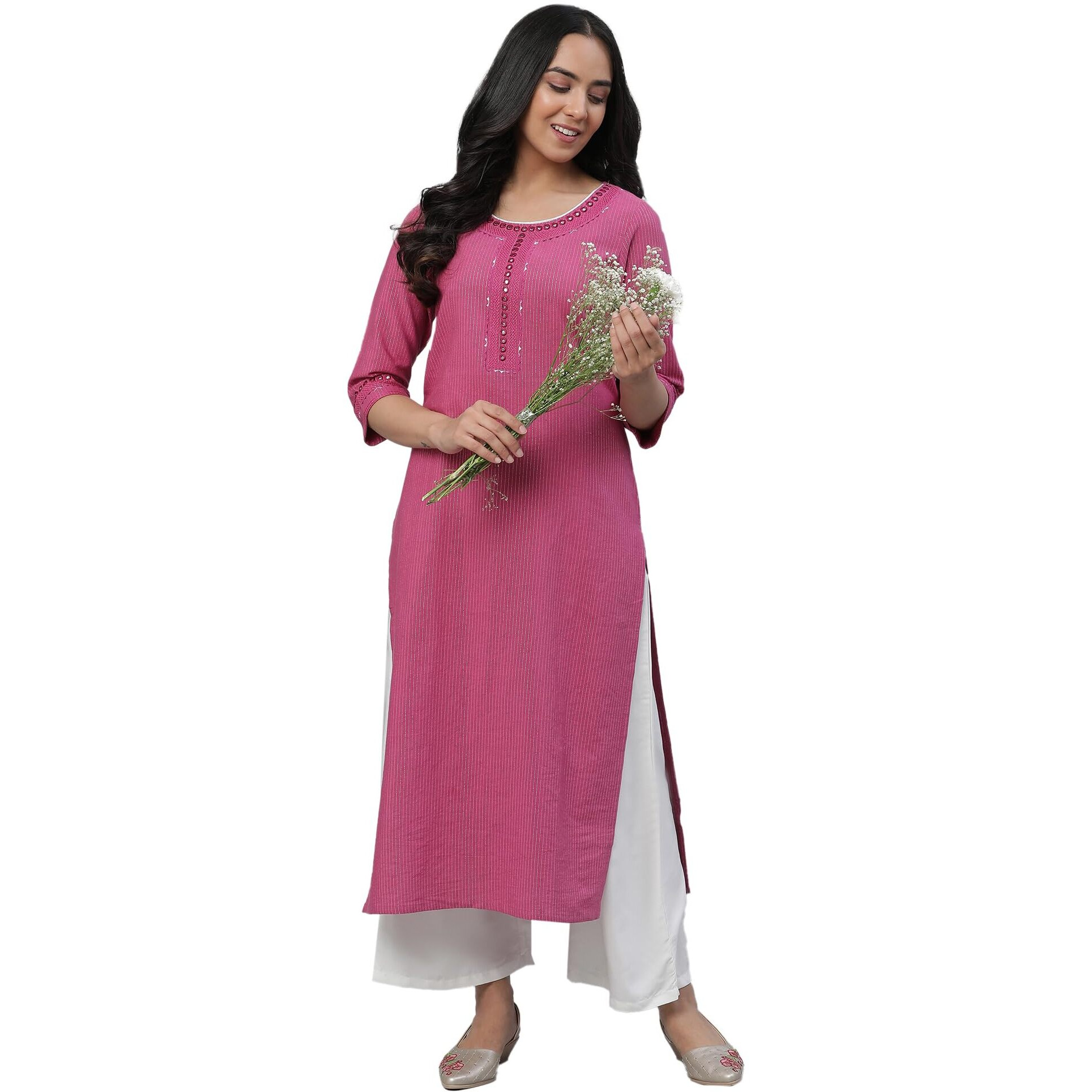 Aurelia Pink Striped Cotton Embroidered Regular Kurta