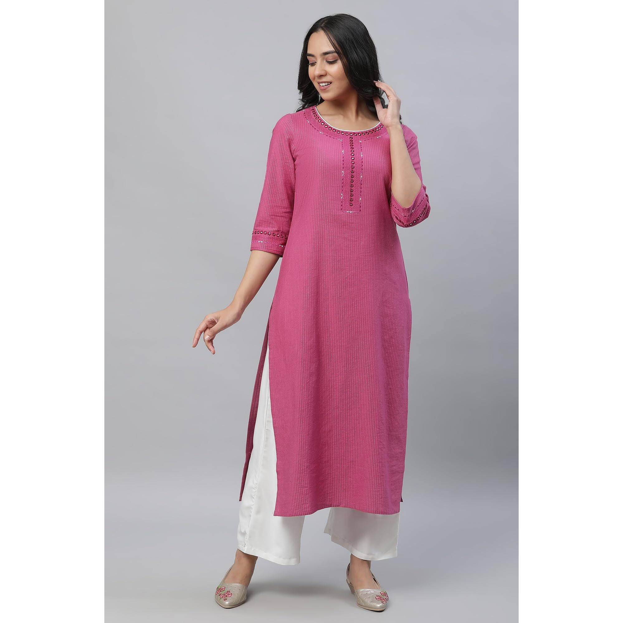 Aurelia Pink Striped Cotton Embroidered Regular Kurta