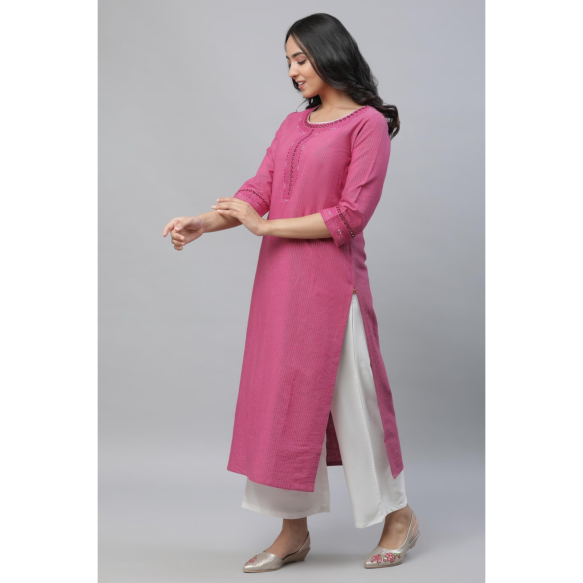 Aurelia Pink Striped Cotton Embroidered Regular Kurta