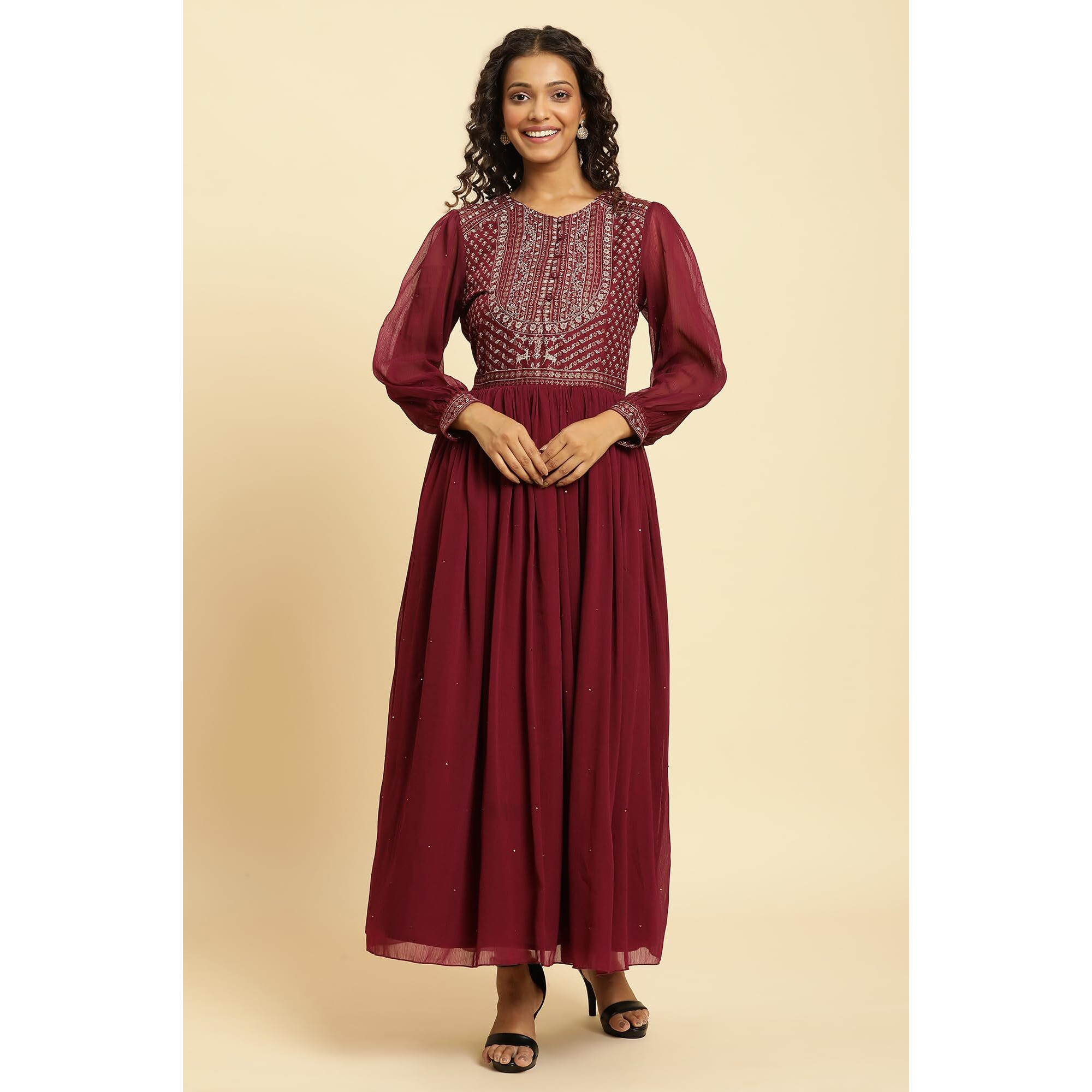 W For Woman Wine Heavy Embroidered Festive Dress_23Auw19795-122789_S