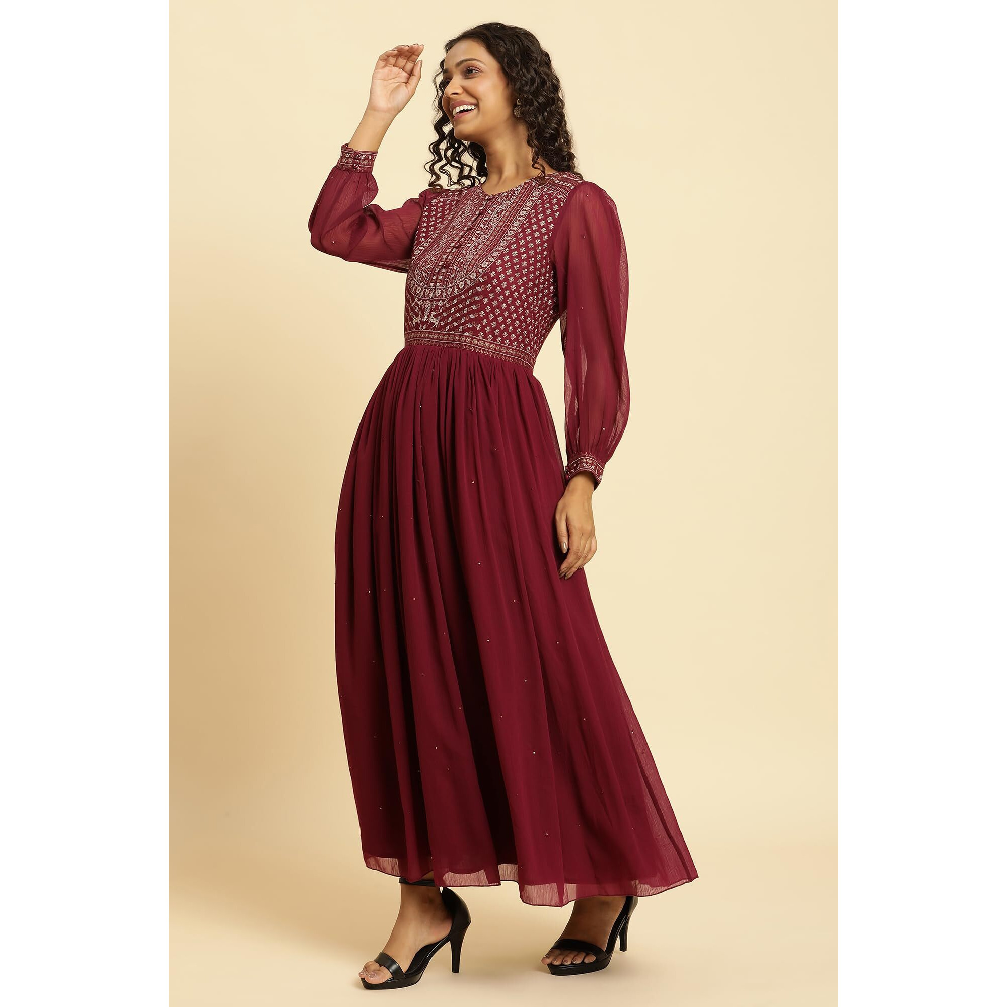 W For Woman Wine Heavy Embroidered Festive Dress_23Auw19795-122789_S