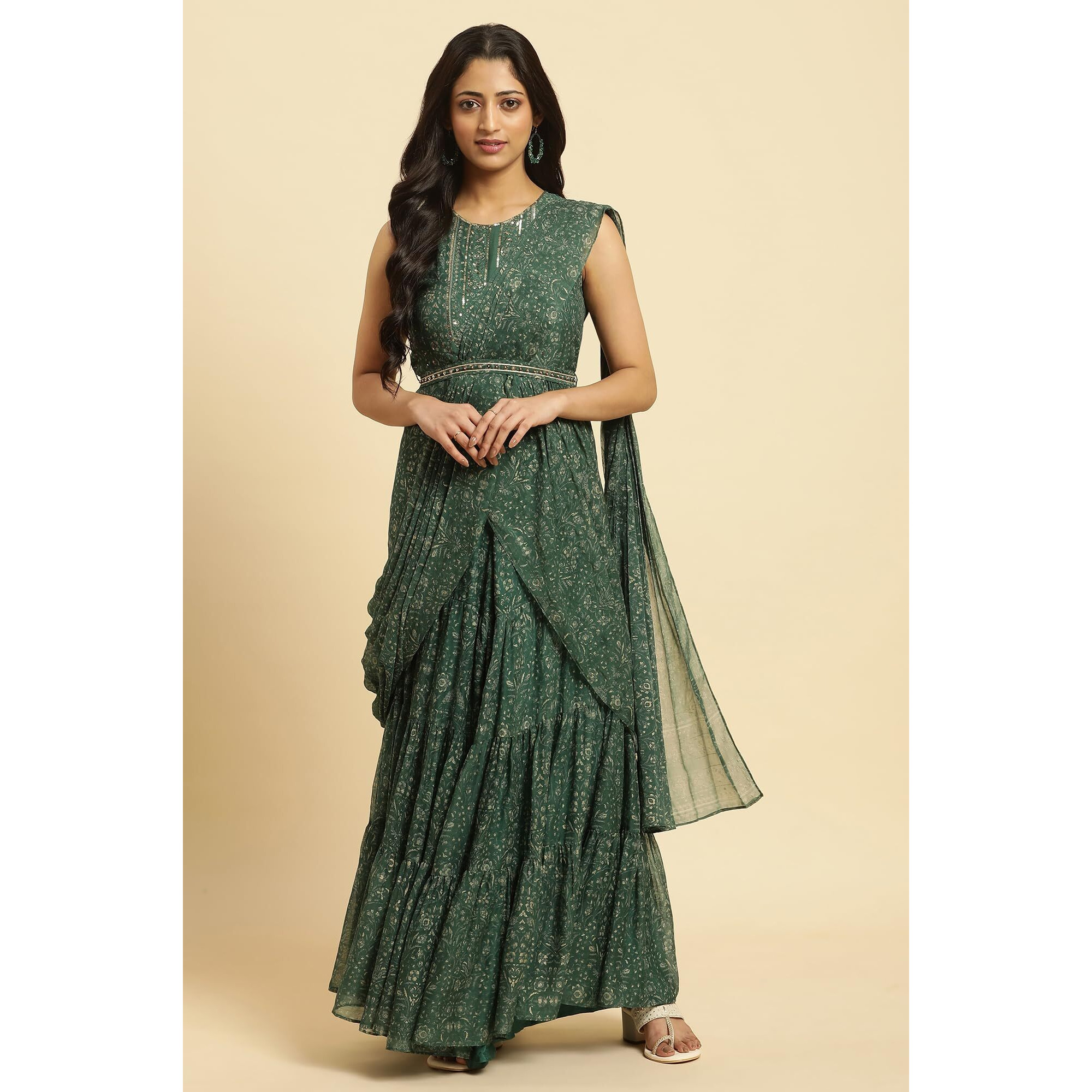 W For Woman Green Foil Printed Chiffon Sharara Saree Dress (Size Xl)-23Auw19806-122175