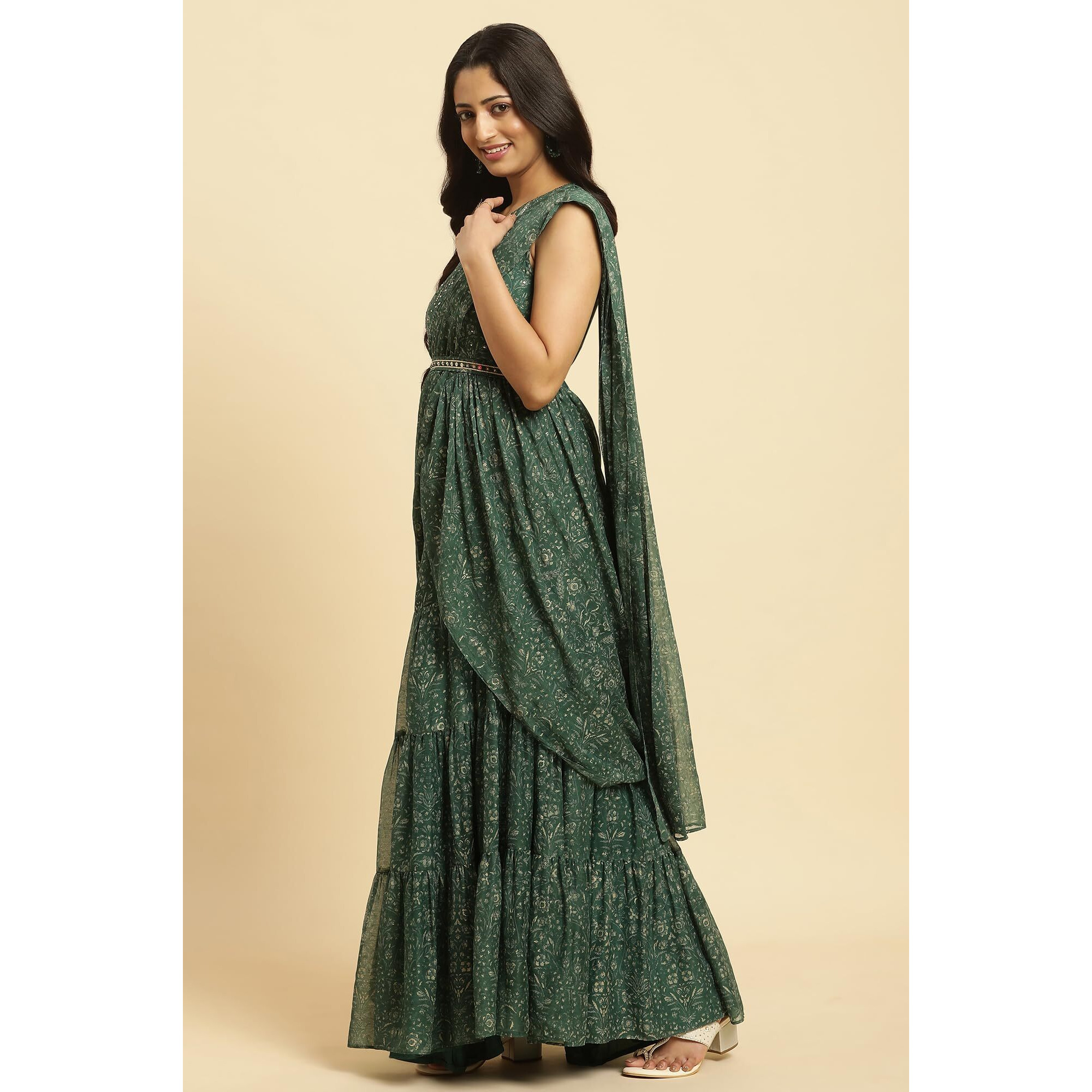 W For Woman Green Foil Printed Chiffon Sharara Saree Dress (Size Xl)-23Auw19806-122175
