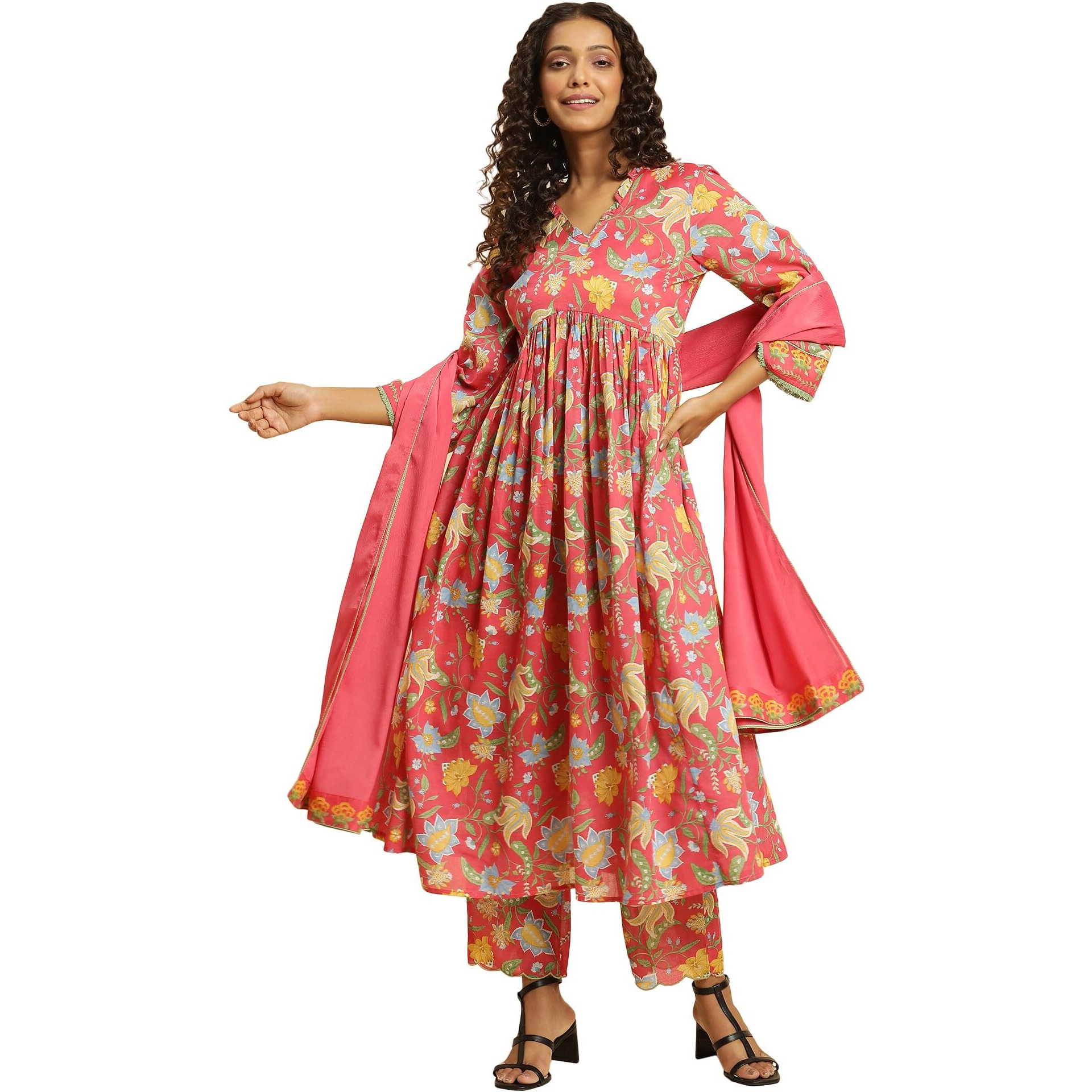 W Women's Red Floral Printed Cotton Kurta Dupatta Bottomwear With Lace