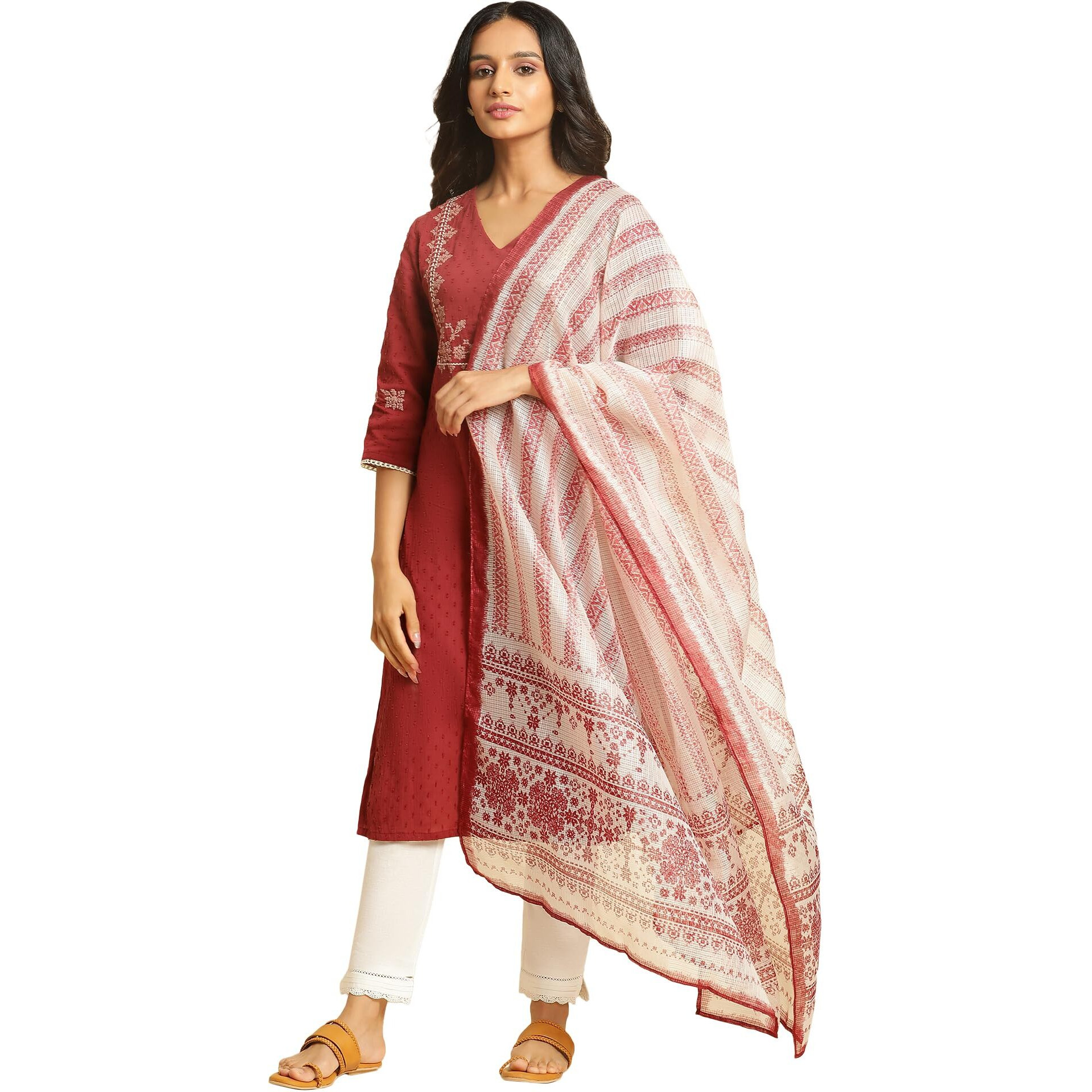 W For Woman Women Polyester Ecru And Maroon Printed Kota Dupatta_Wfs, Multi, Free Size