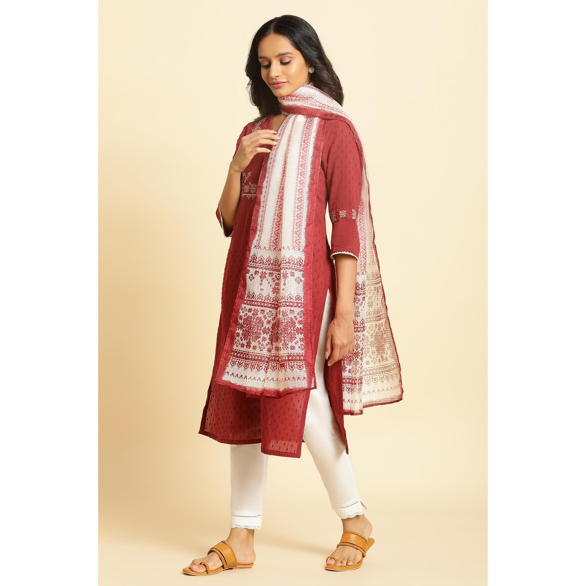 W For Woman Women Polyester Ecru And Maroon Printed Kota Dupatta_Wfs, Multi, Free Size