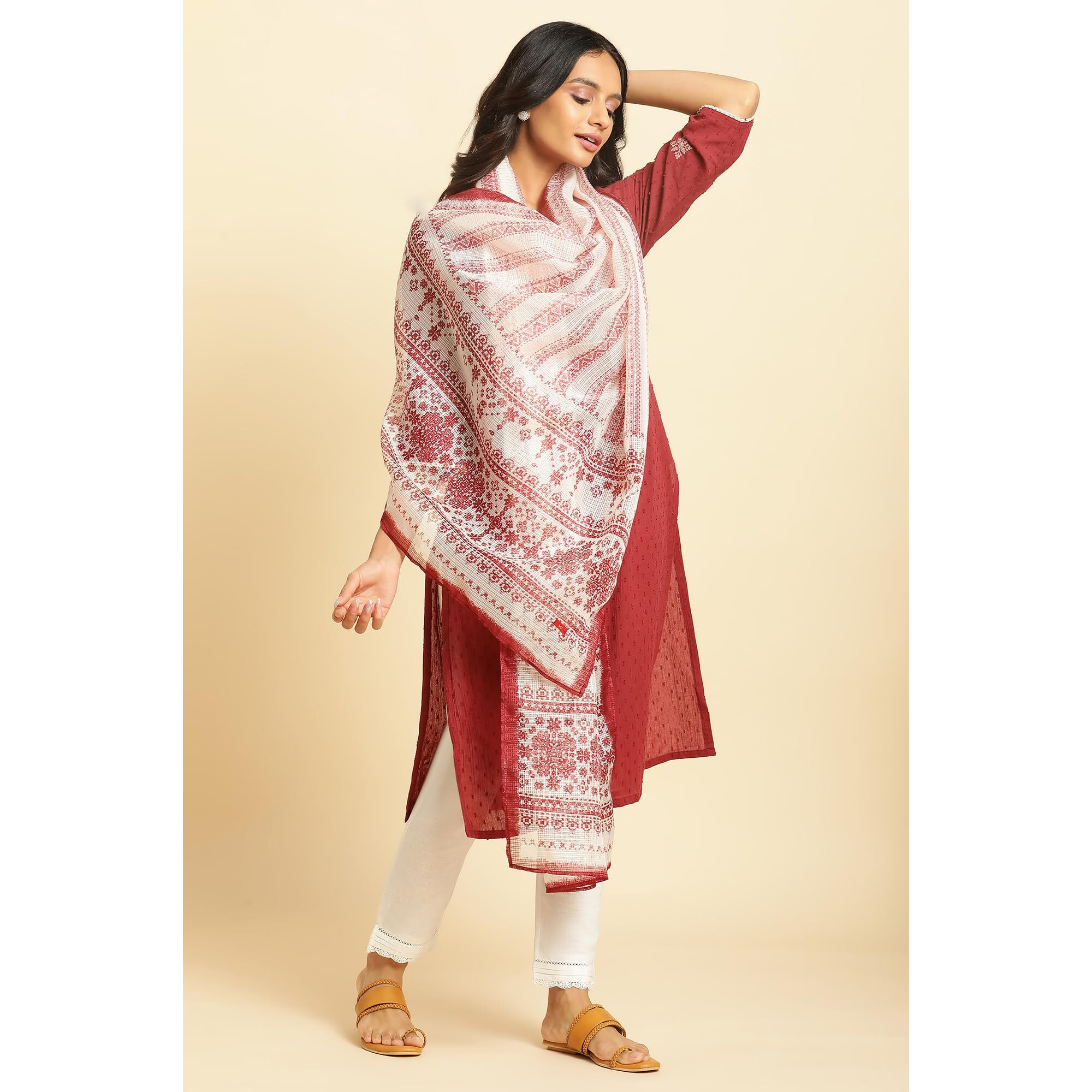 W For Woman Women Polyester Ecru And Maroon Printed Kota Dupatta_Wfs, Multi, Free Size