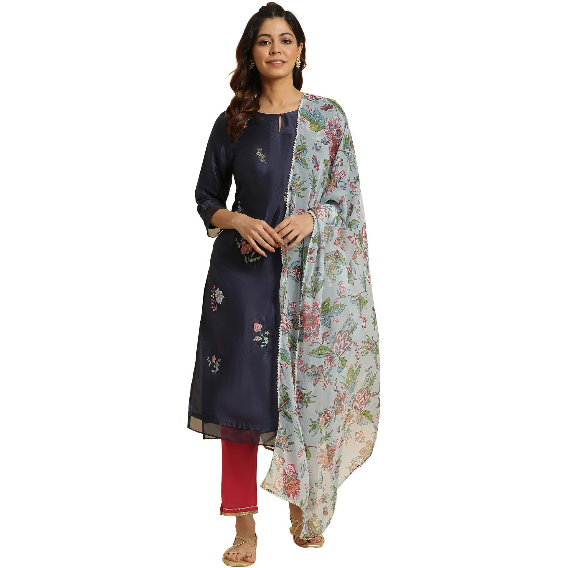 W For Woman Women's Polyester Blue Floral Printed Chiffon Dupatta (8905661211678_Free Size)_Wfs