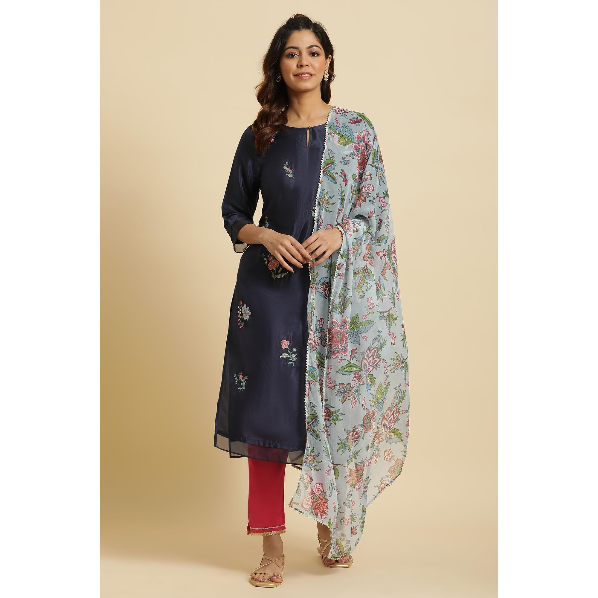 W For Woman Women's Polyester Blue Floral Printed Chiffon Dupatta (8905661211678_Free Size)_Wfs