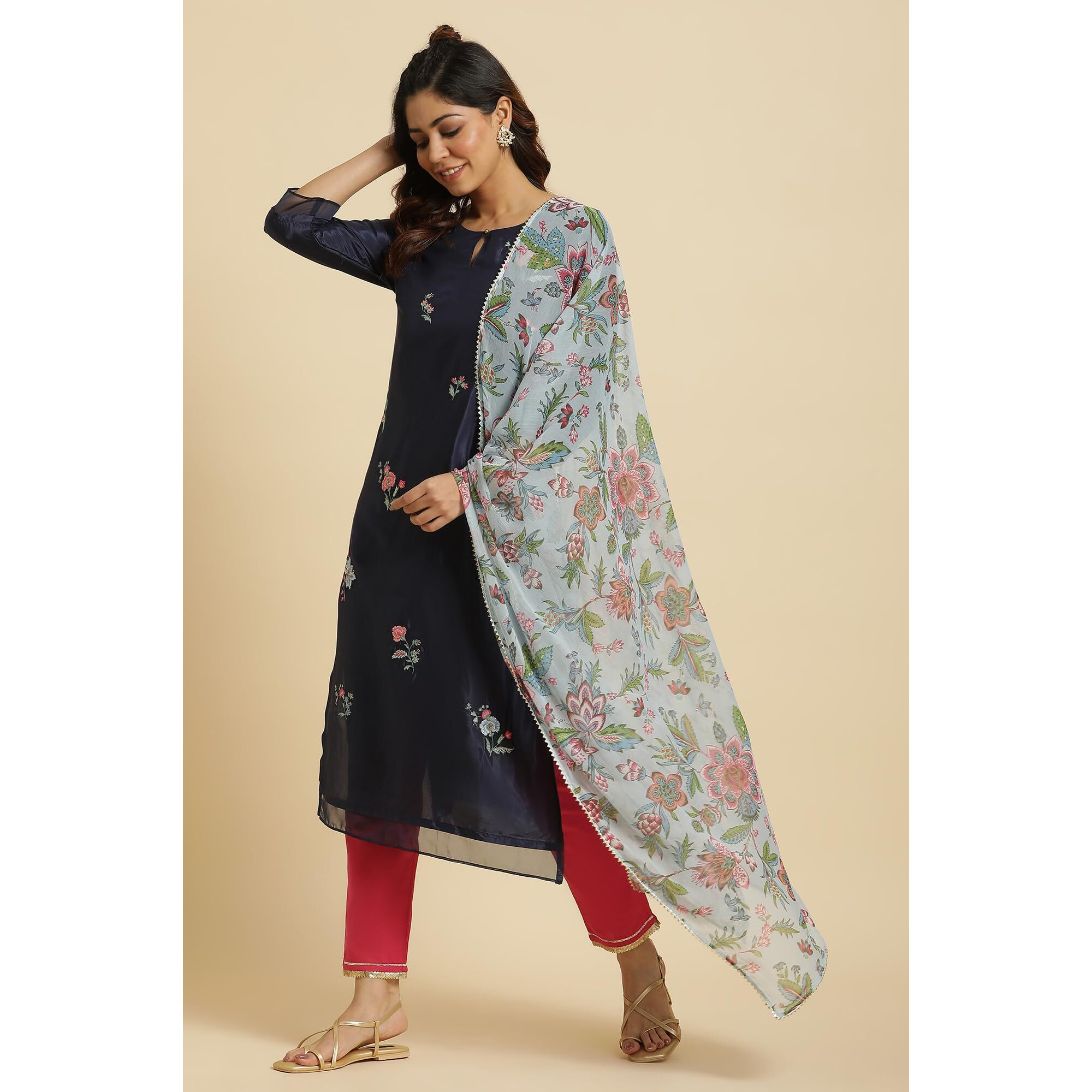 W For Woman Women's Polyester Blue Floral Printed Chiffon Dupatta (8905661211678_Free Size)_Wfs