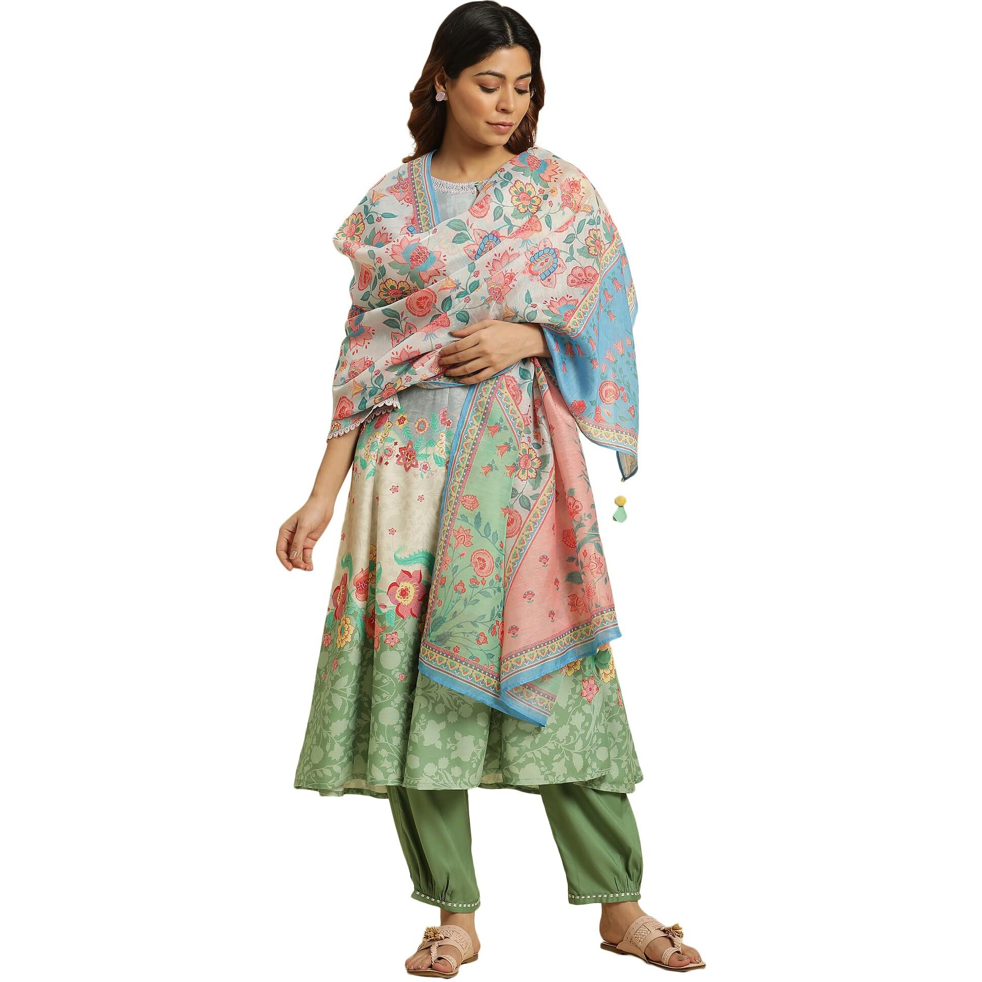 W For Woman Women's Multicolour Floral Printed Chanderi Dupatta_23Auw82051-121293_Free Size_Wfs, Multicolor