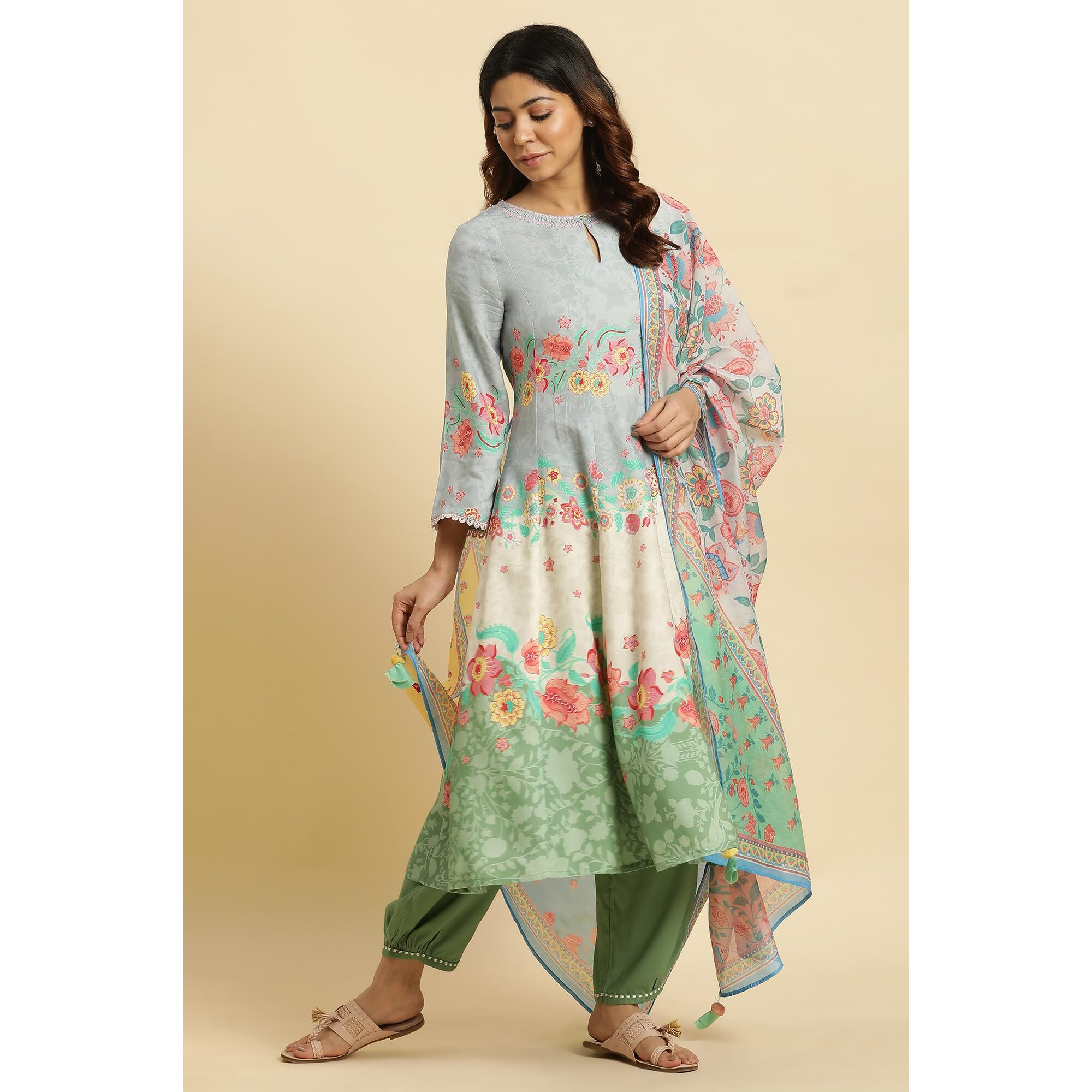 W For Woman Women's Multicolour Floral Printed Chanderi Dupatta_23Auw82051-121293_Free Size_Wfs, Multicolor